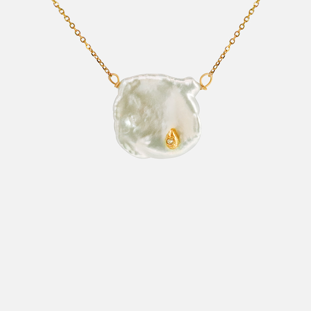 Keshi Petal / Pearl and Diamond Pendant By Ariko