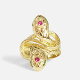 Close front view of Duo Ophidia Sapphire Ring in 14k yellow gold by Ides