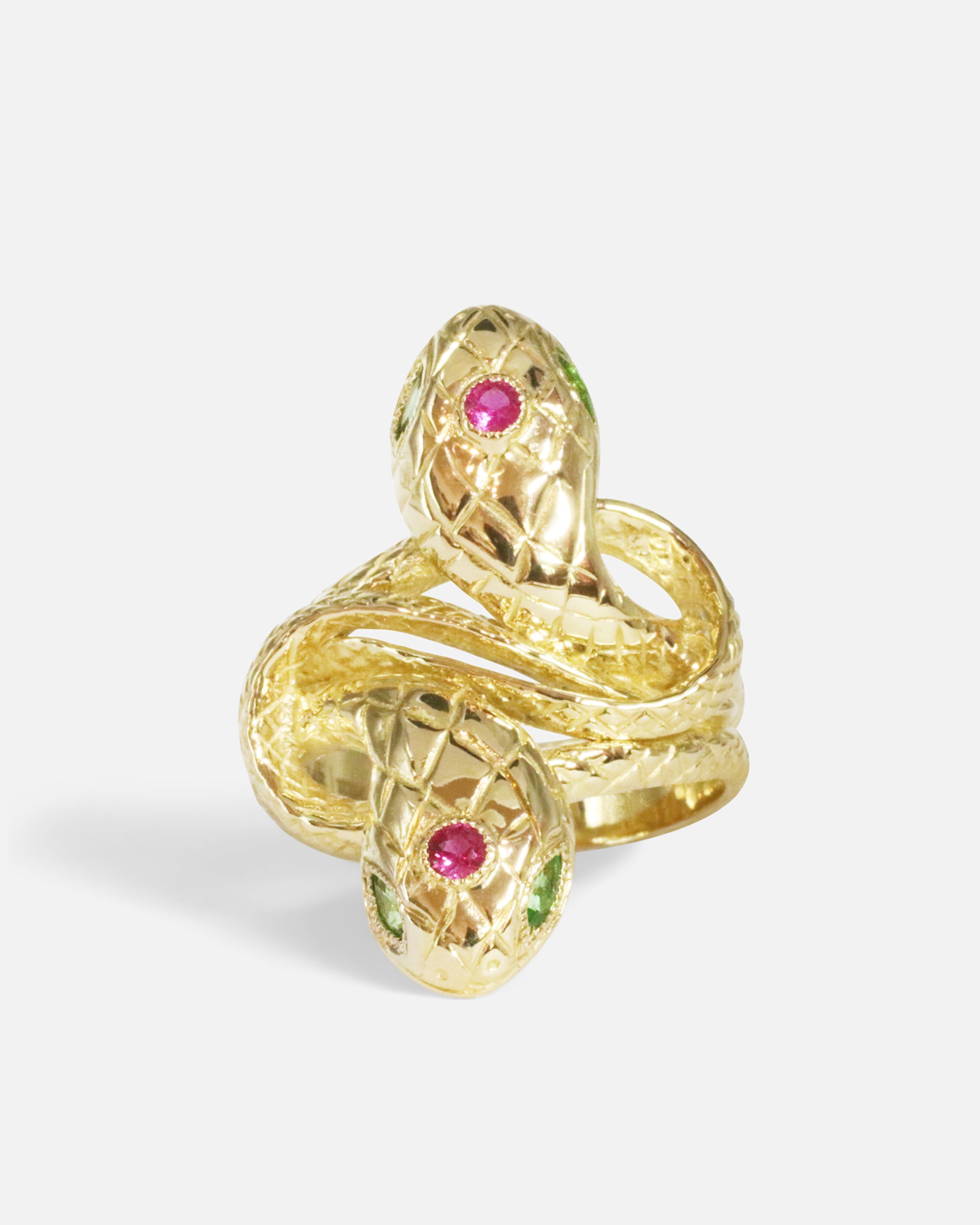 Close front view of Duo Ophidia Sapphire Ring in 14k yellow gold by Ides