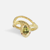 Front view of Ornata Ophidia Pear Ring / Green Sapphire in 14k yellow gold by Ides