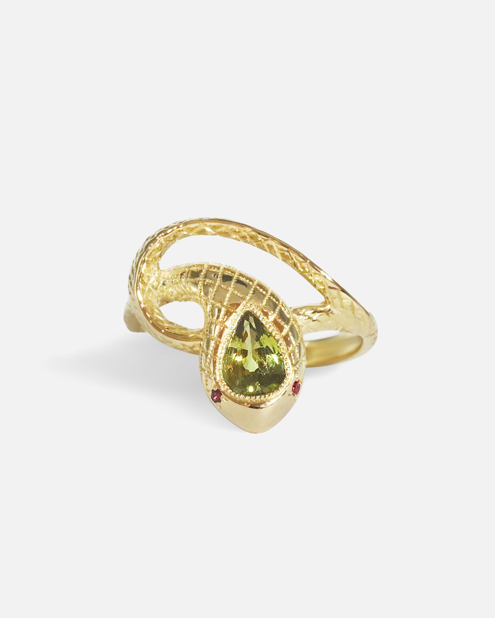 Front view of Ornata Ophidia Pear Ring / Green Sapphire in 14k yellow gold by Ides