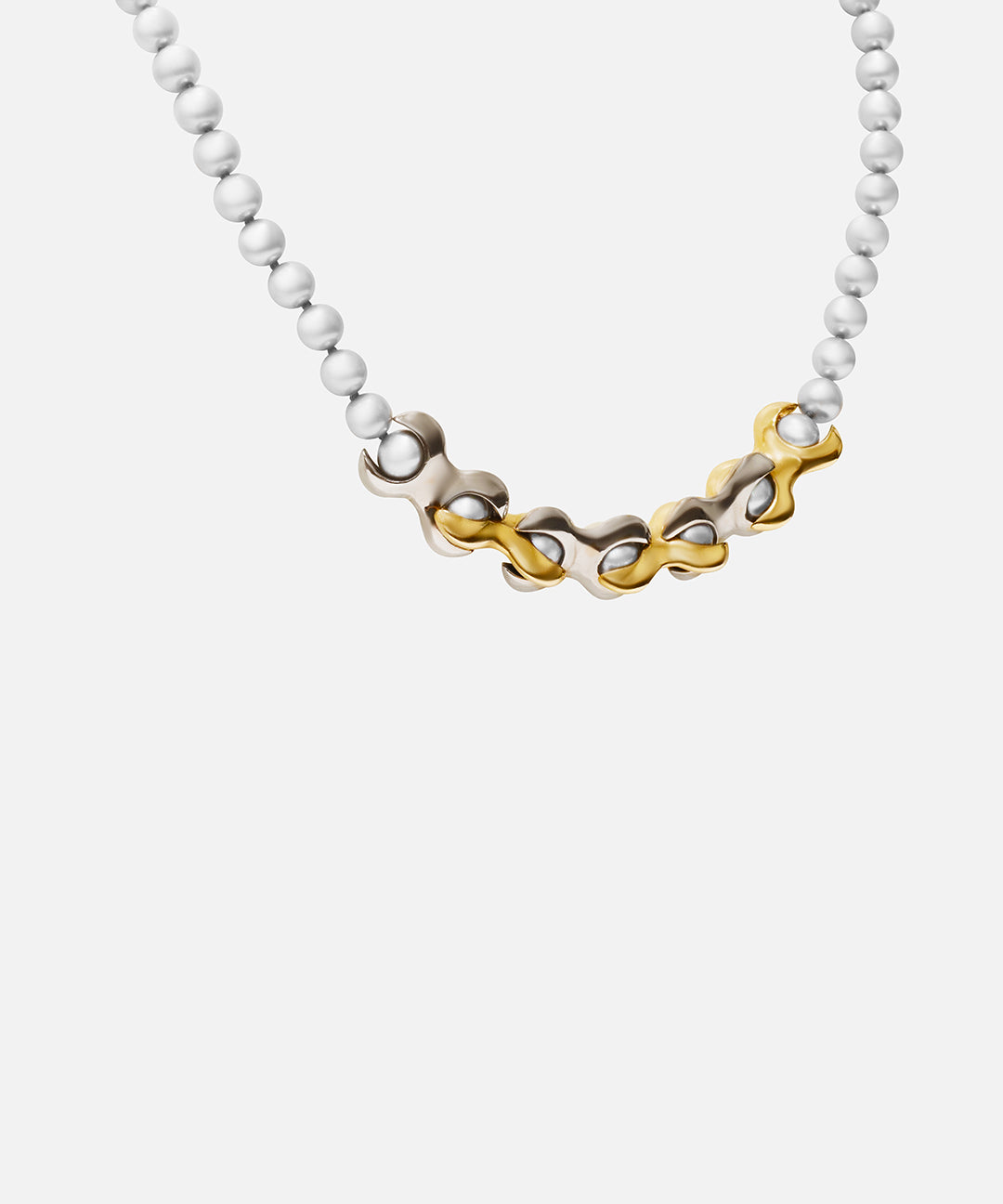 Side view of X Pearl Necklace / 6mm in 14k yellow gold and 14k white gold by Lucia B Marti