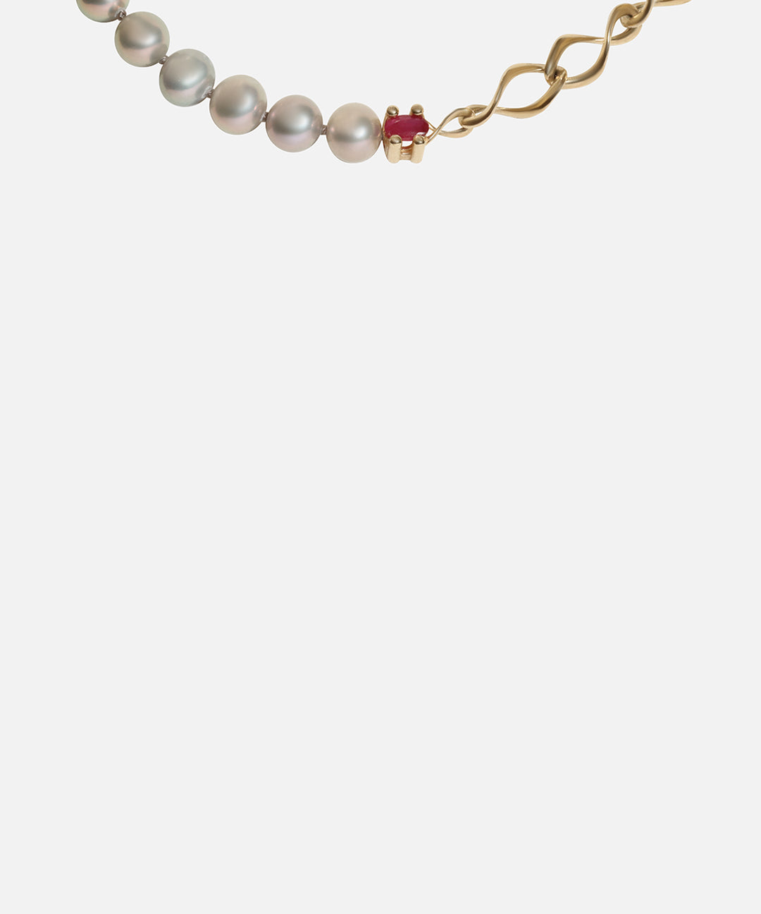Close view of X Nucleus Chain Pearl Necklace / Ruby by Lucia B Marti