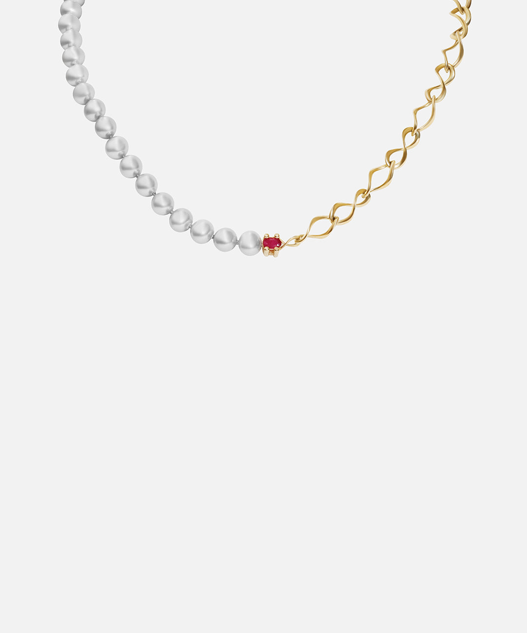 Front view of X Nucleus Chain Pearl Necklace / Ruby by Lucia B Marti