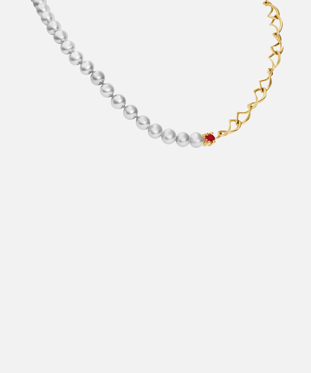 Side view of X Nucleus Chain Pearl Necklace / Ruby by Lucia B Marti