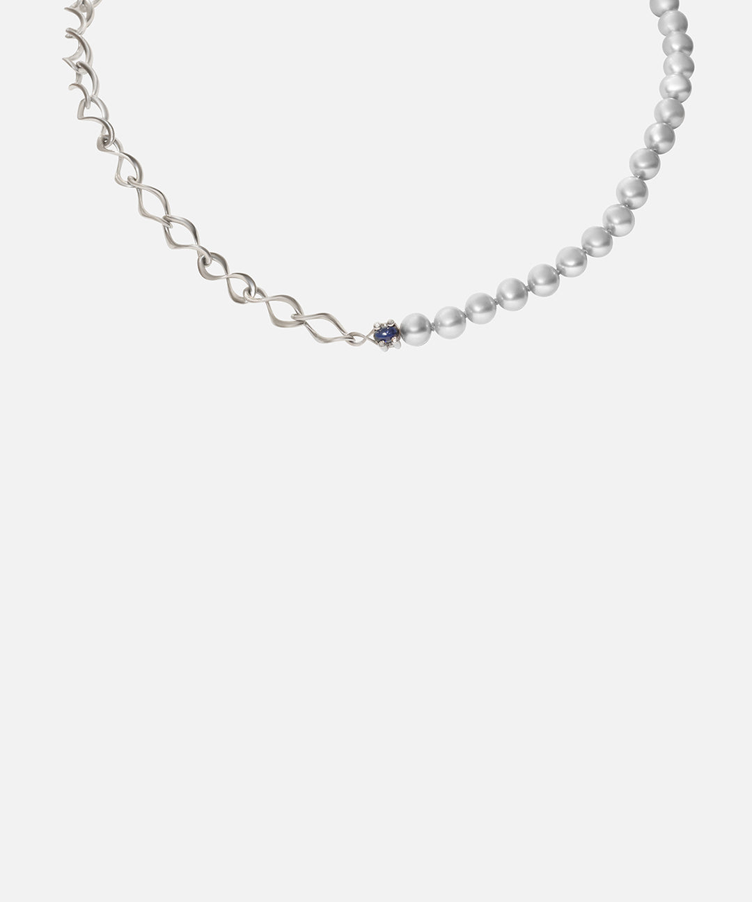 Front view of X Nucleus Chain Pearl Necklace / Sapphires by Lucia B Marti