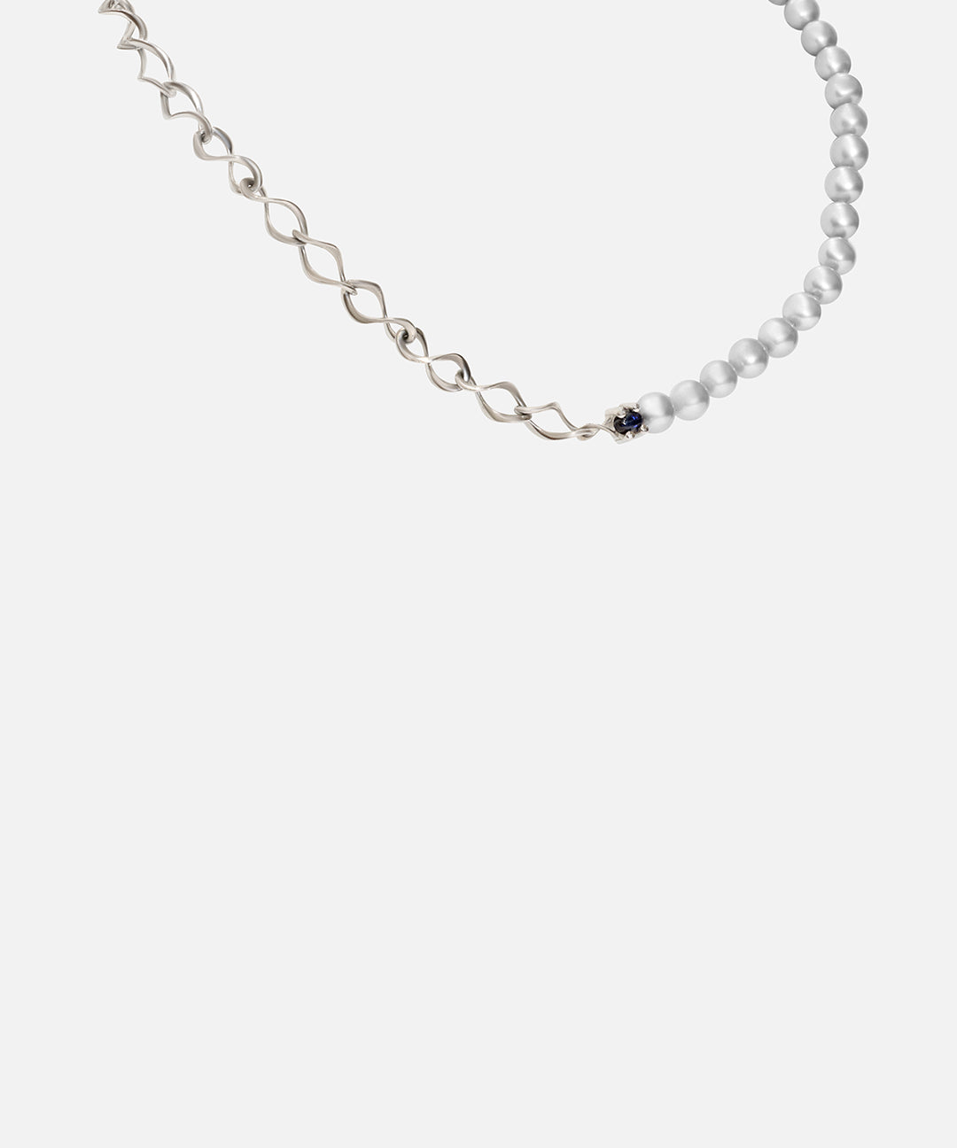 Side view of X Nucleus Chain Pearl Necklace / Sapphires by Lucia B Marti