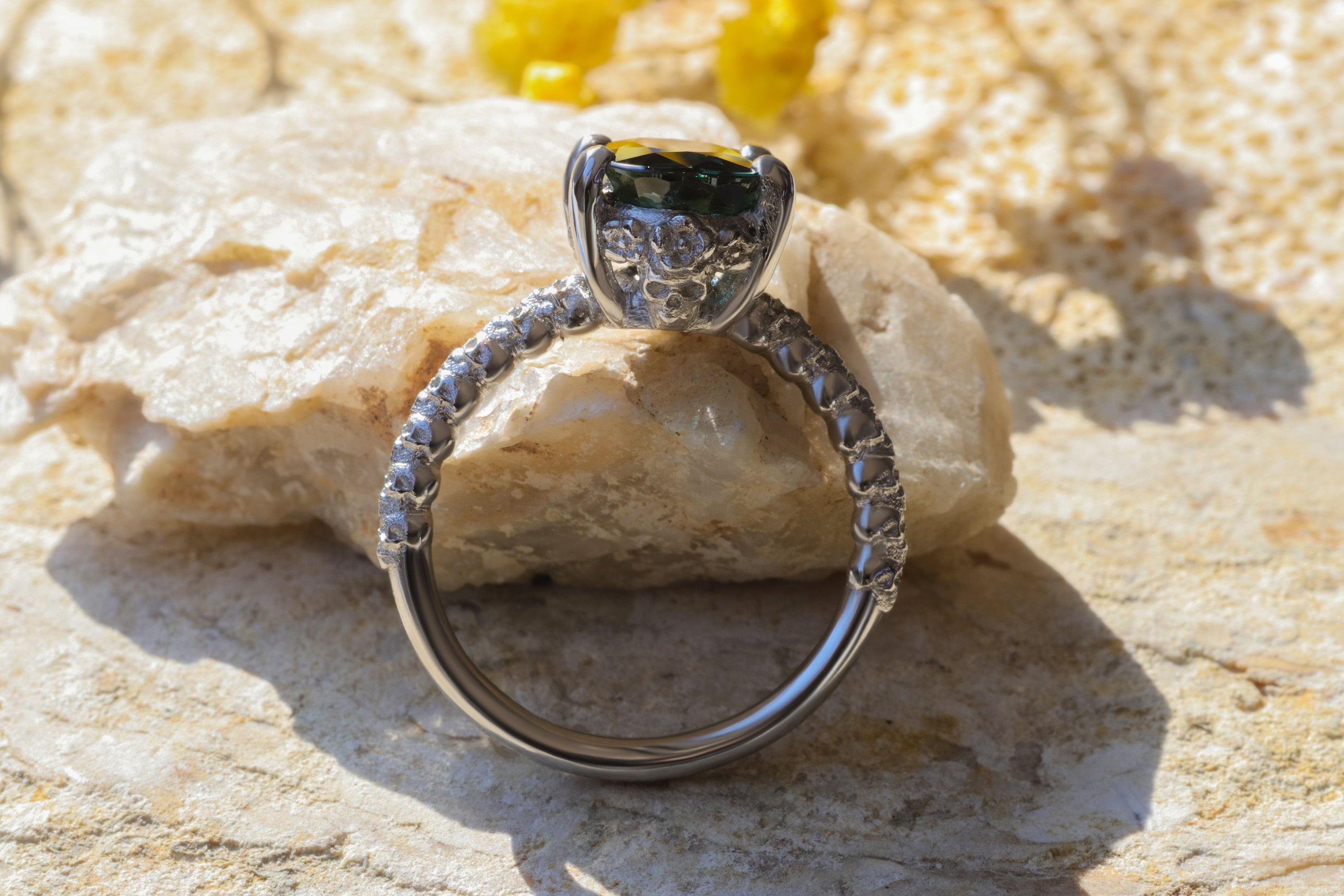 Lifestyle shot featuring angled view of Oval Sapphire / Ring