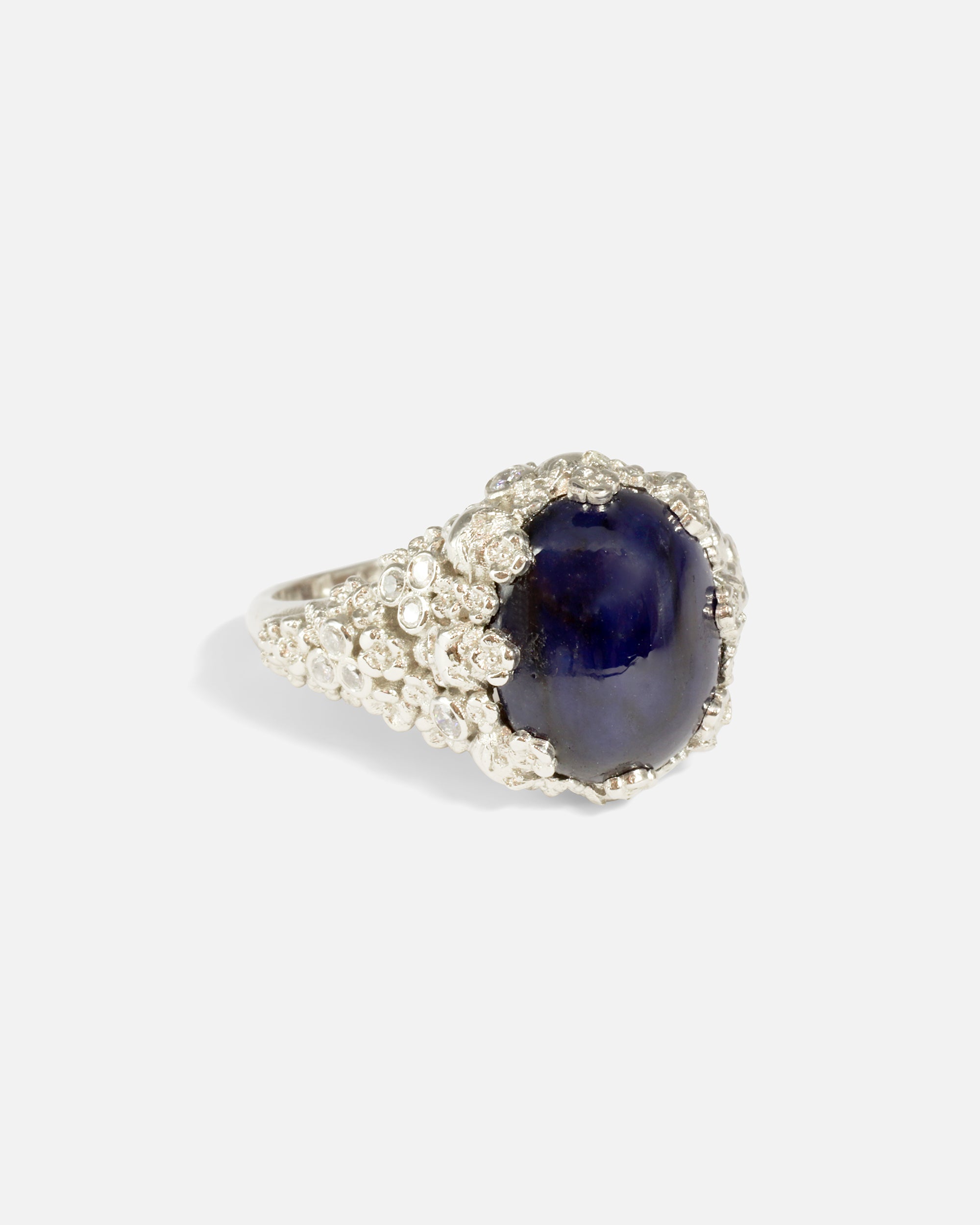 Side view of Skulls & Flowers / Sapphire & Diamond Ring by Fitzgerald Jewelry