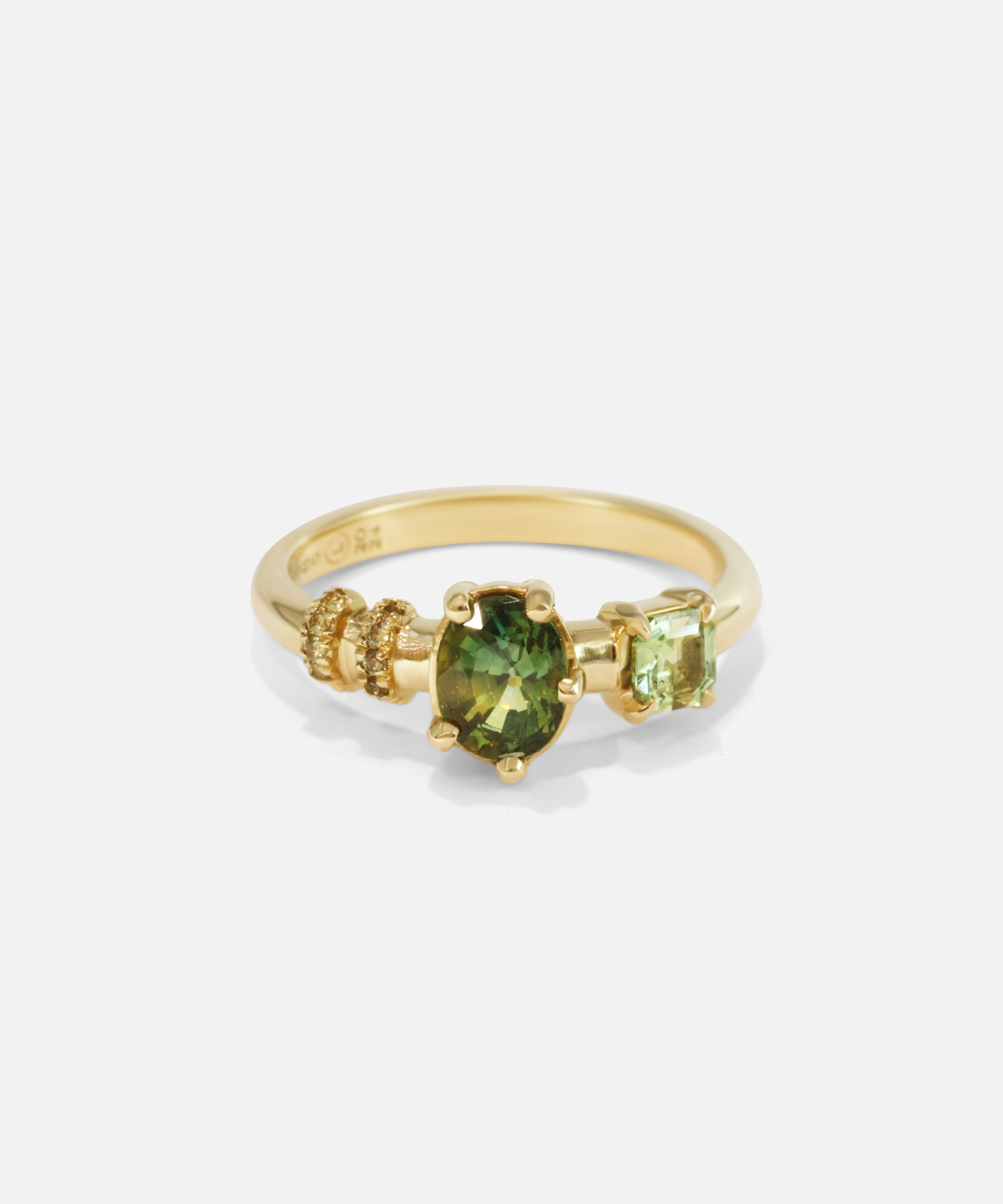 Front view of Monoceros Nebula Green Asscher Sapphire Ring