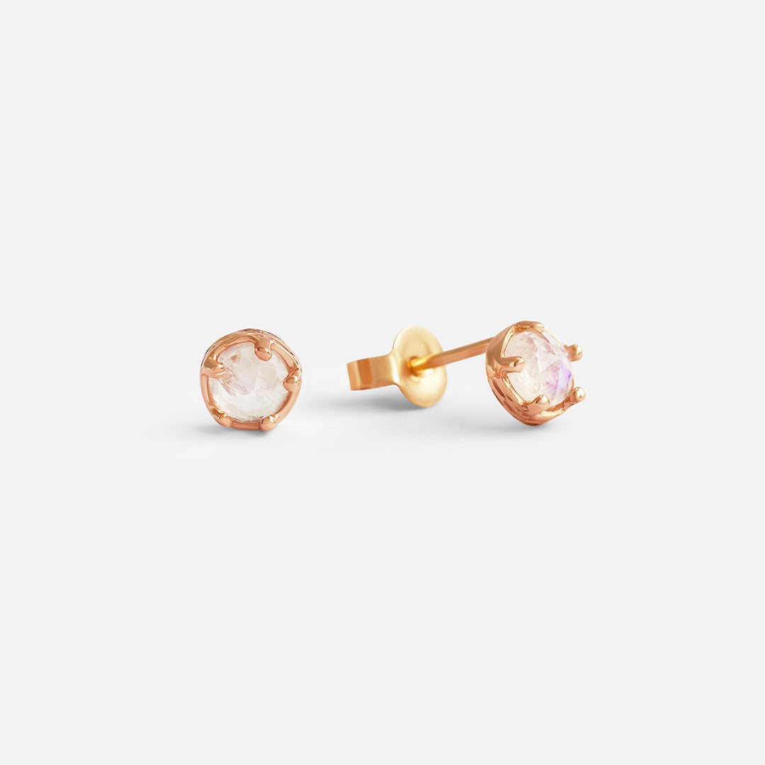 Front and side view of Moonstone / Rose Gold Studs by Ariko
