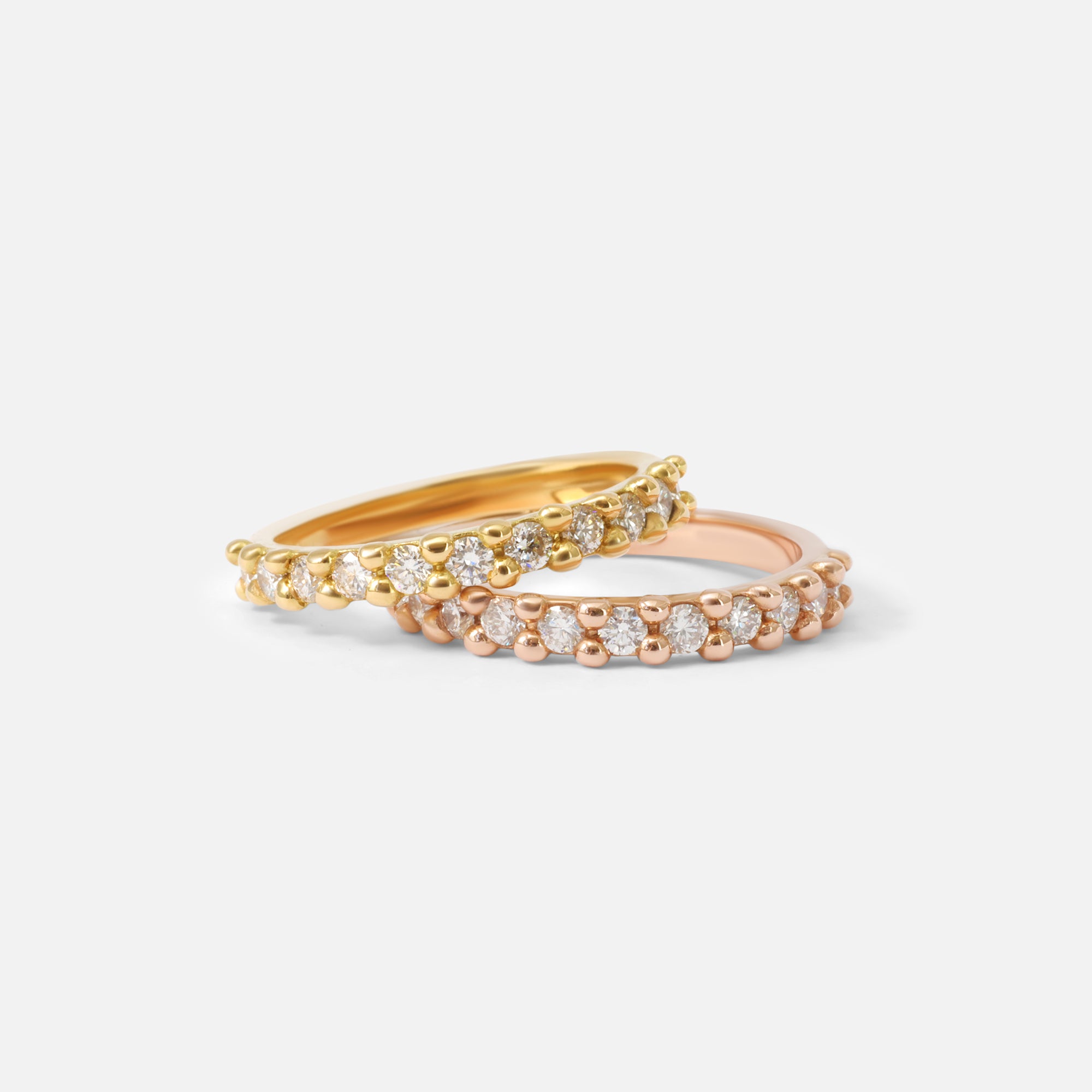 Group view of Dew / 2.3mm Brilliant Cut Diamond Ring in 14k Yellow Gold and 18k Rose Gold