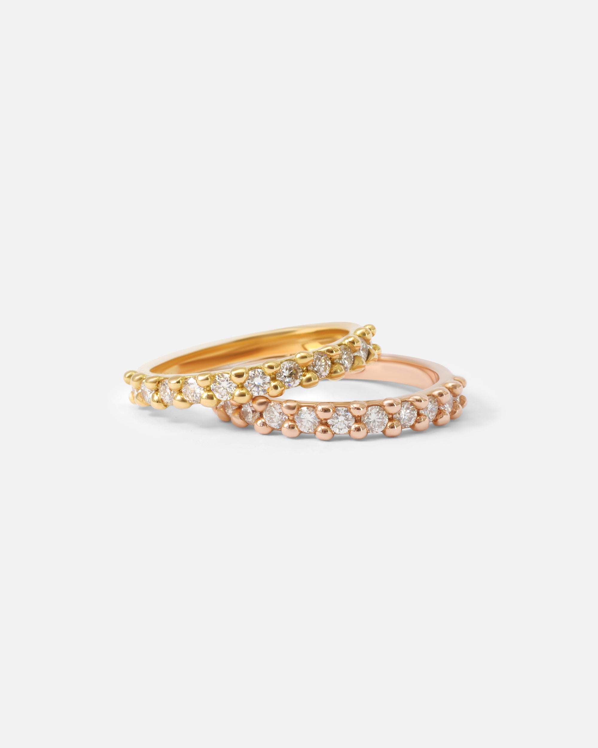 Group view of Dew / 2.3mm Brilliant Cut Diamond Ring in 14k Yellow Gold and 18k Rose Gold
