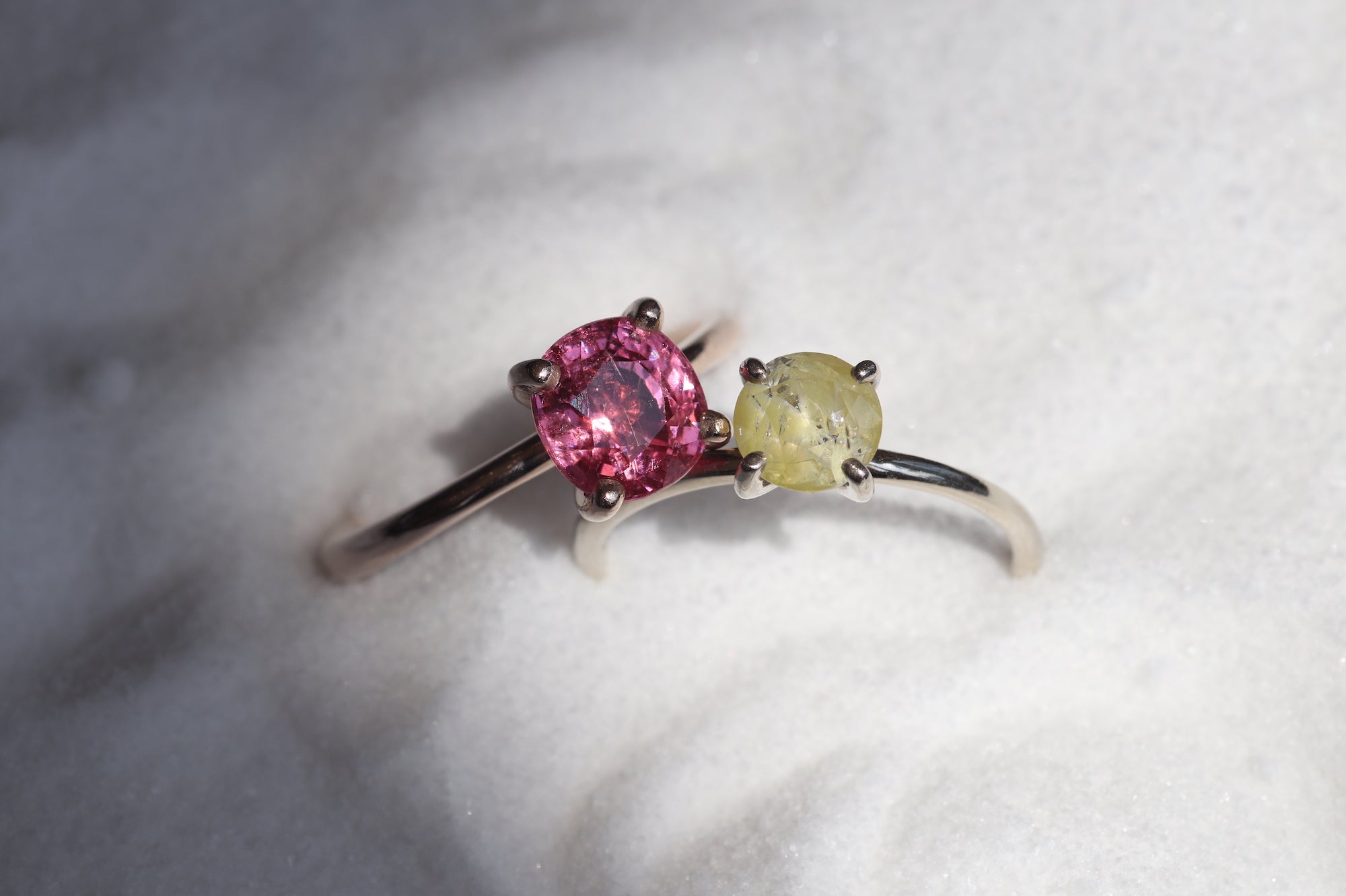Group shot of Lara / Neon Pink Spinel Ring and Lara / Fancy Yellow Round Ring
