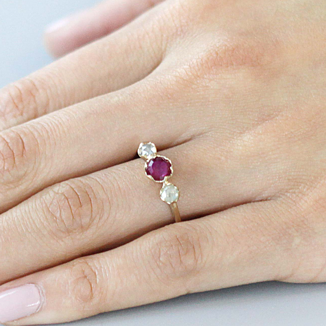 Pave 3 Stones / Ruby + Milky Diamonds By fitzgerald jewelry