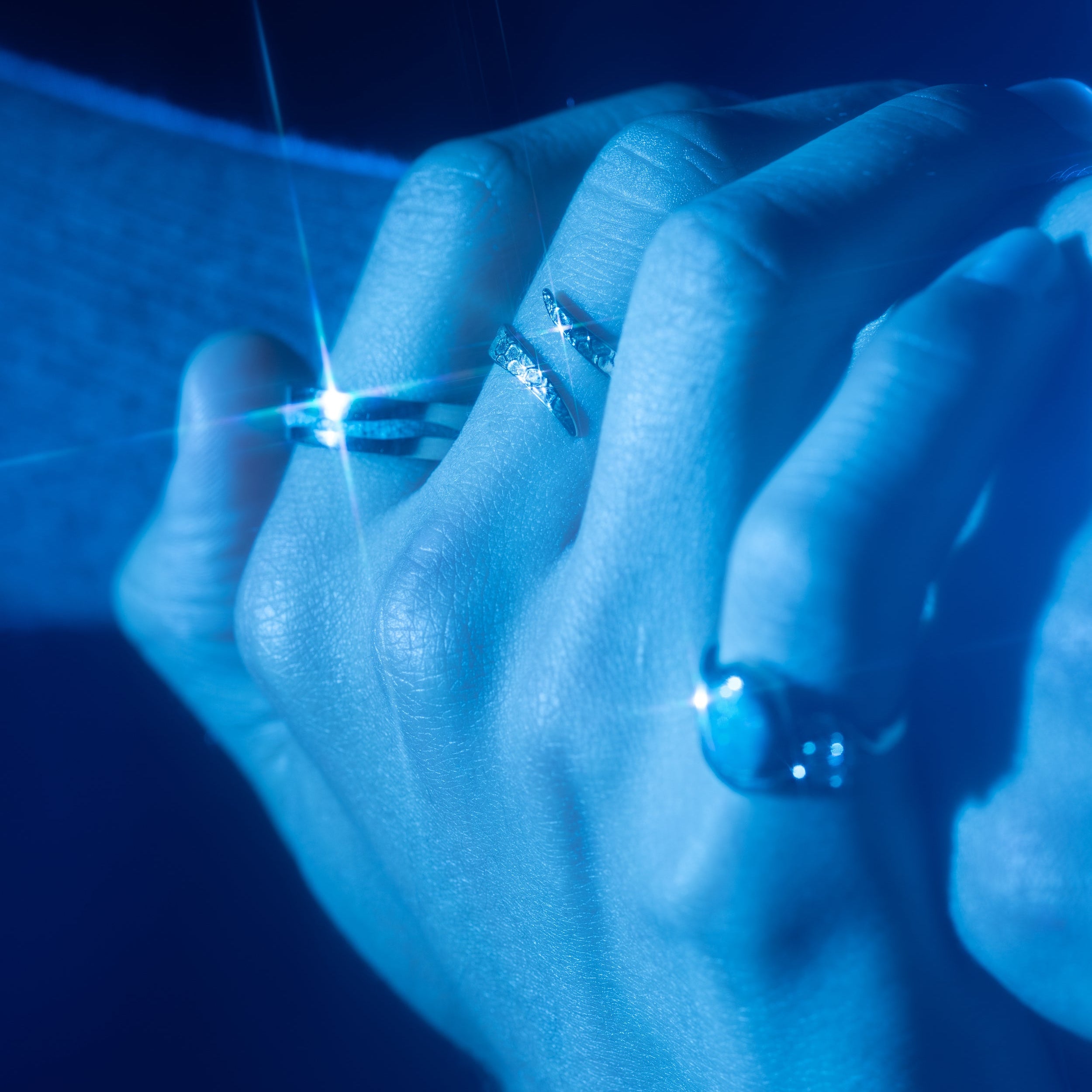 Model wears Gradus Ring by Alfonzo and Chroma Ring by Lucia B Marti