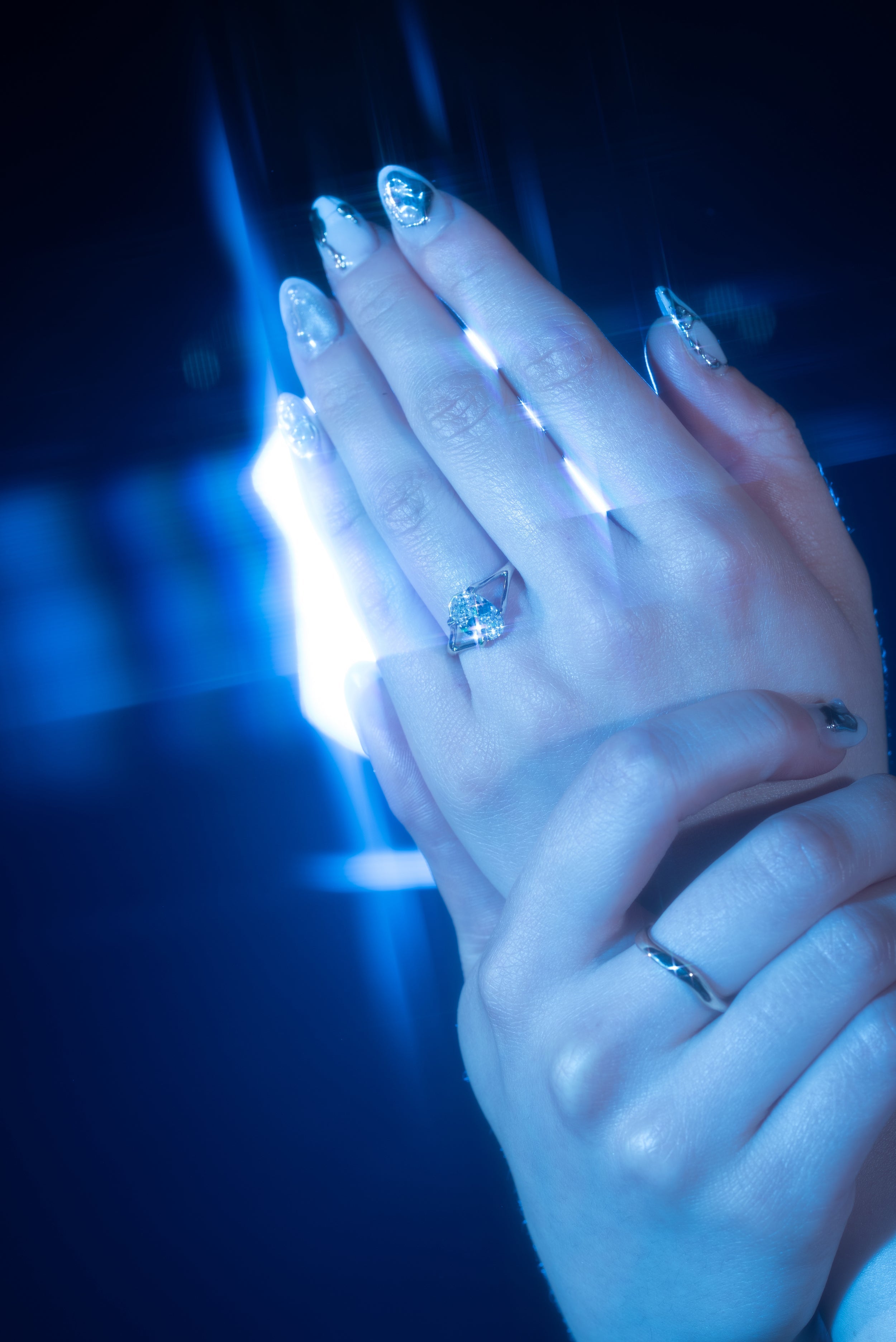 Model wears Rose Cut Pear Diamond Ring by Nishi
