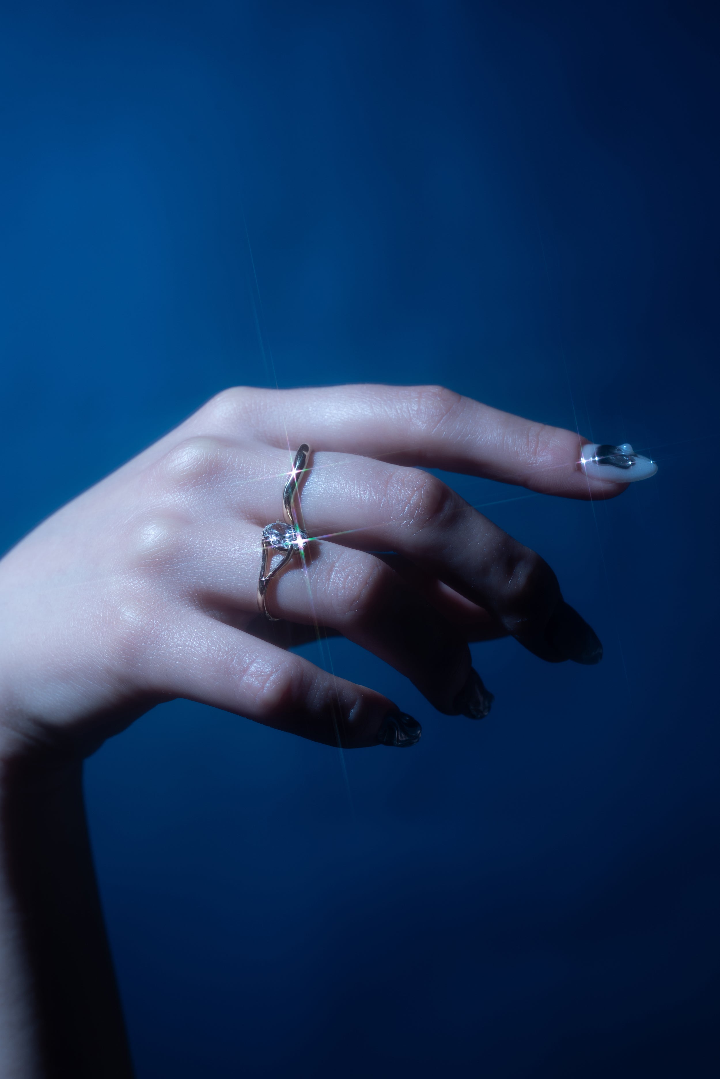 Models wear Skulls & Flowers / Sapphire & Diamond Ring by Fitzgerald Jewelry and Rose Cut Pear Diamond Ring by Nishi