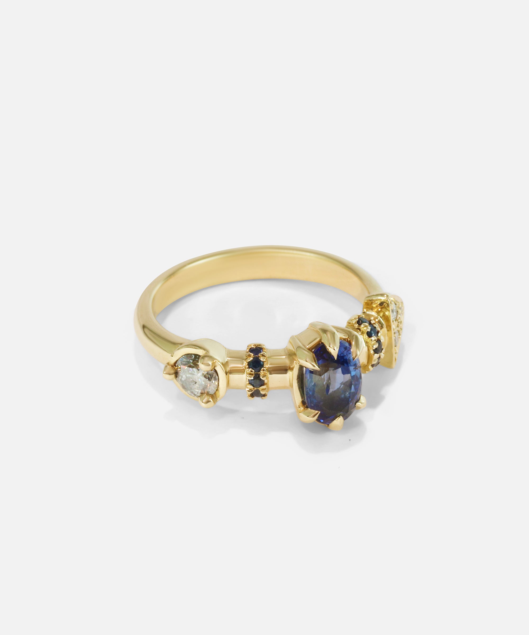 Side view of Supernova Blue Sapphire and White Diamond Ring