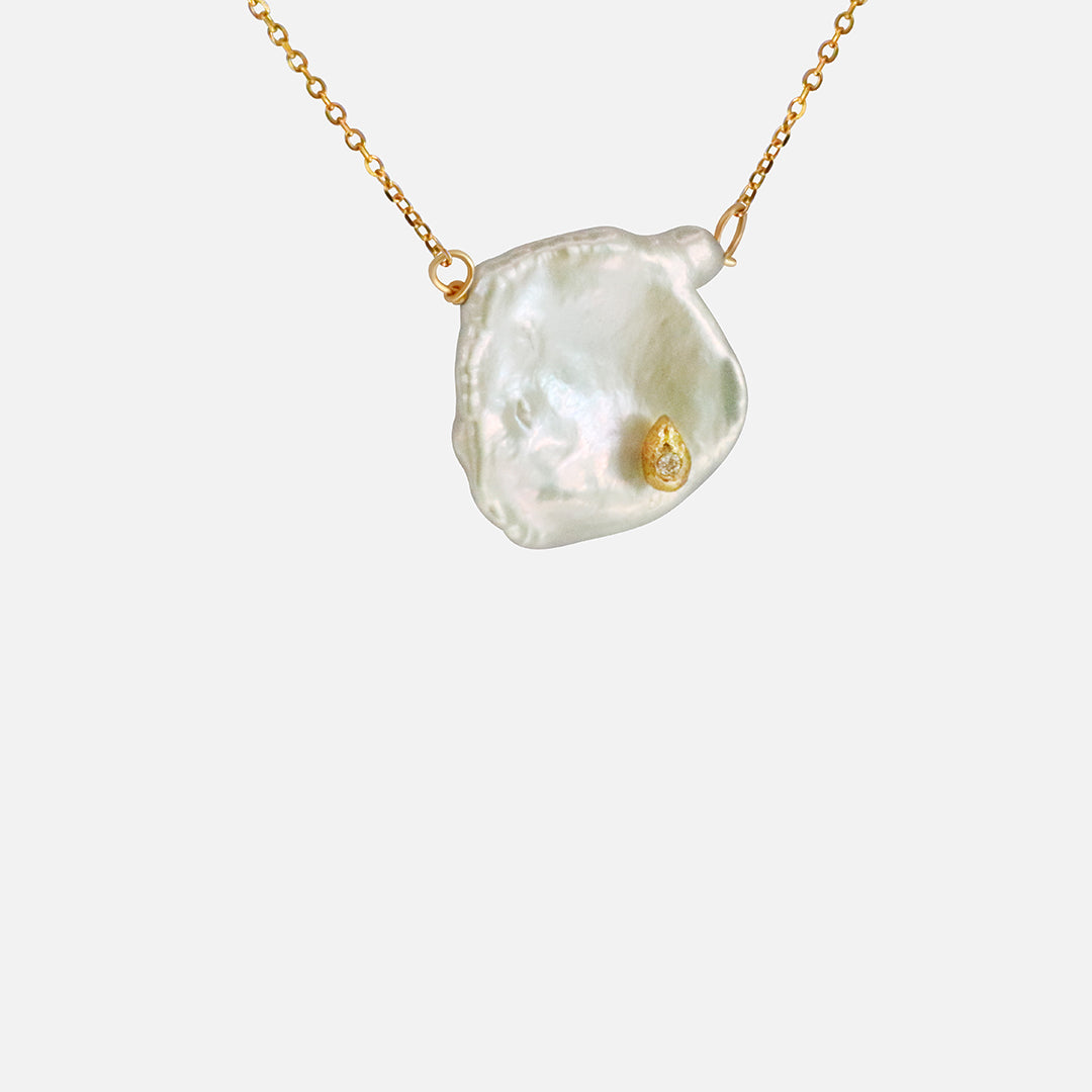 Keshi Petal / Pearl and Diamond Pendant By Ariko