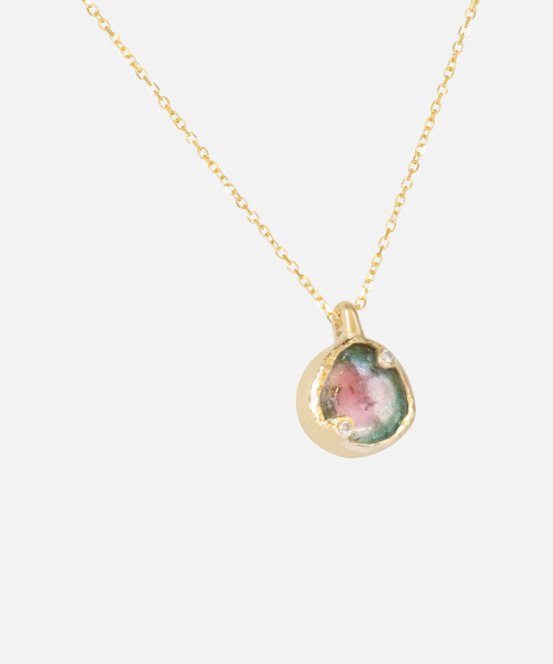 Side view of Round Watermelon Tourmaline and Diamond / Pendant