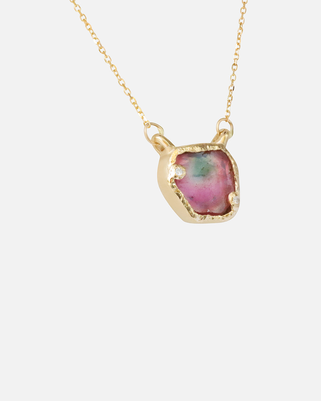 Side view of Pentagon Watermelon Tourmaline and Diamond / Pendant
