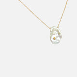 Angled side view of Keshi Petal / Pearl and Diamond Necklace V by Ariko