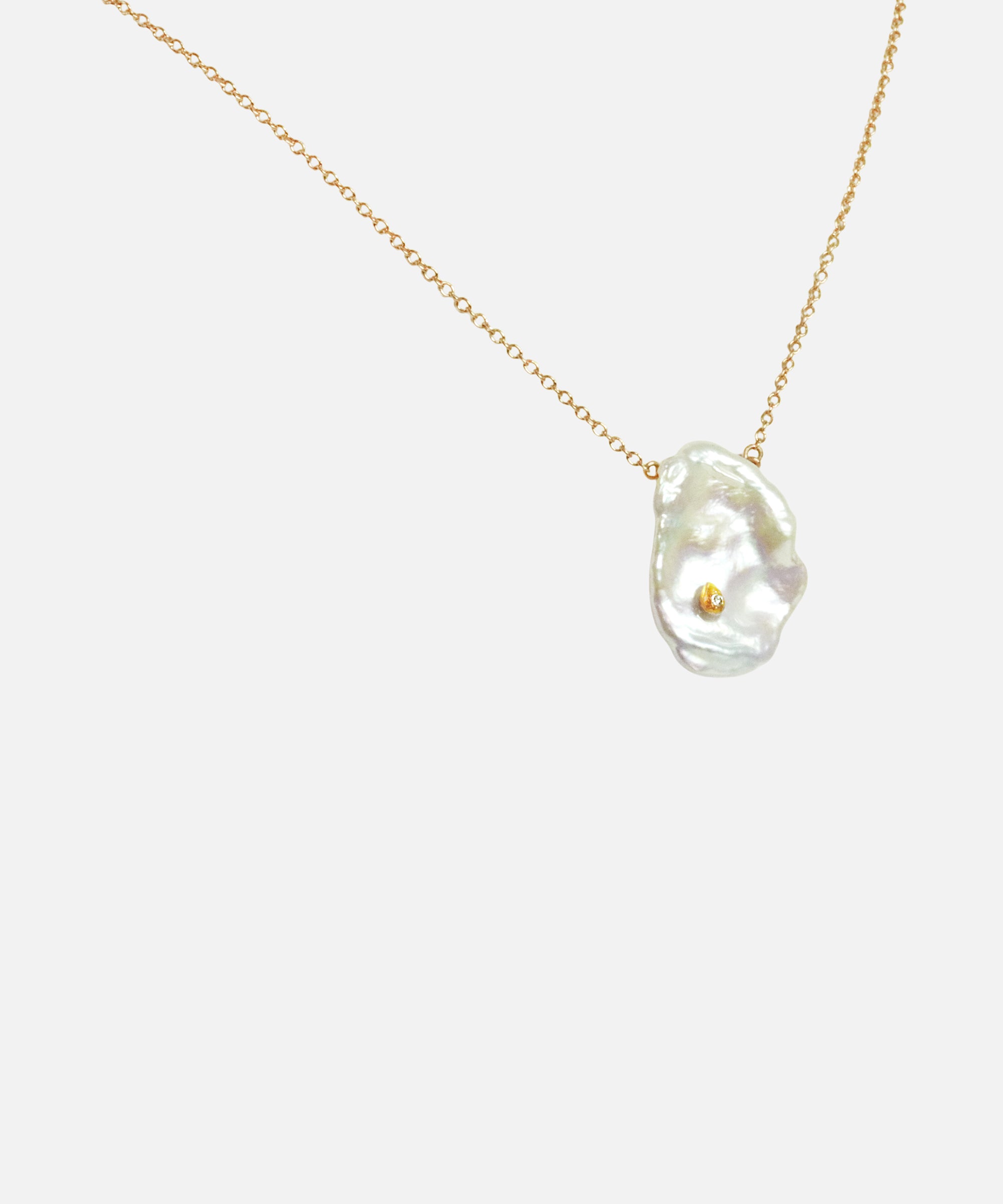 Angled side view of Keshi Petal / Pearl and Diamond Necklace V by Ariko