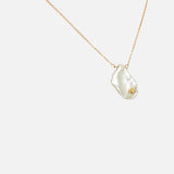 Angled side view of Keshi Petal / Pearl and Diamond Necklace VI by Ariko