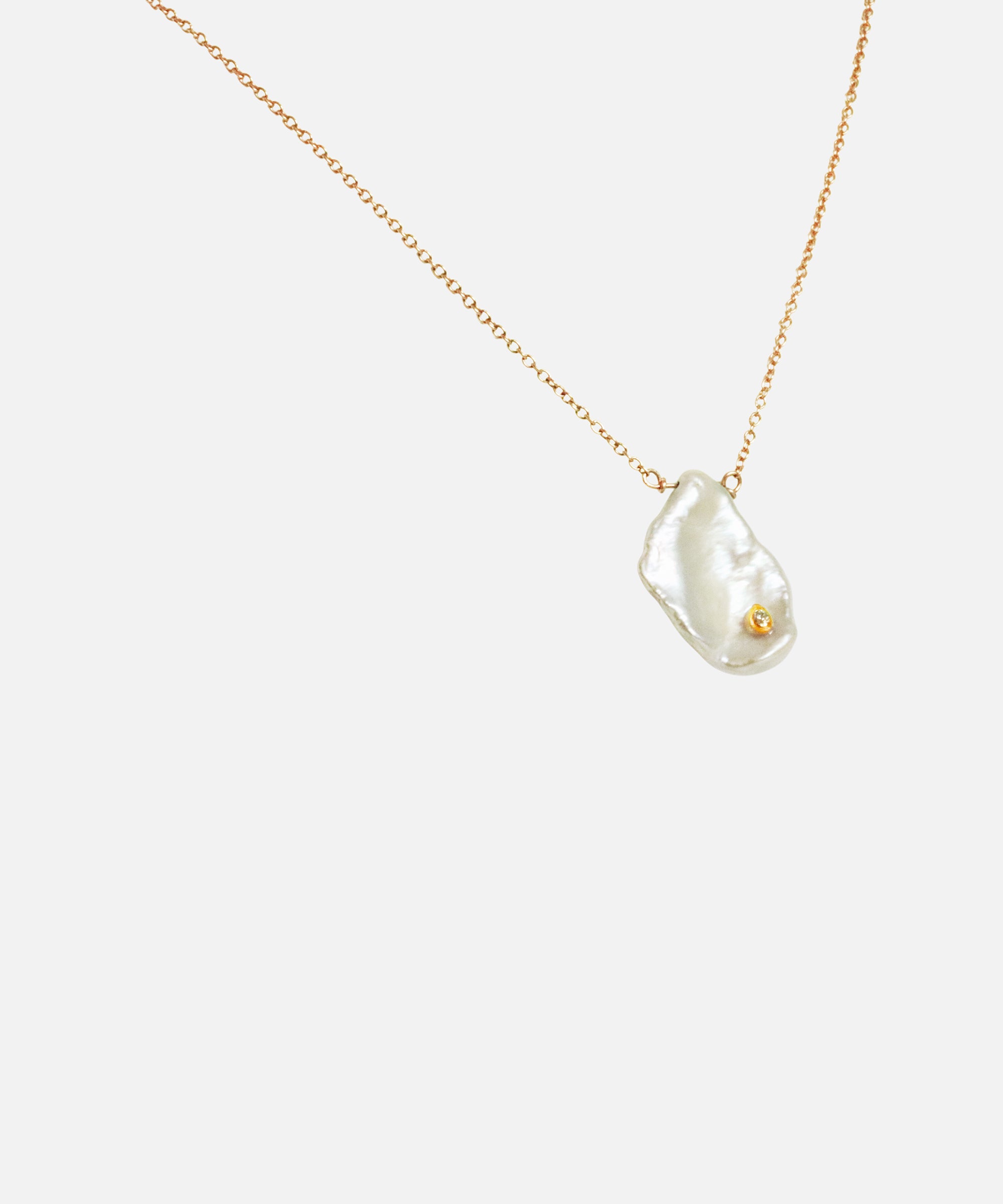 Angled side view of Keshi Petal / Pearl and Diamond Necklace VI by Ariko