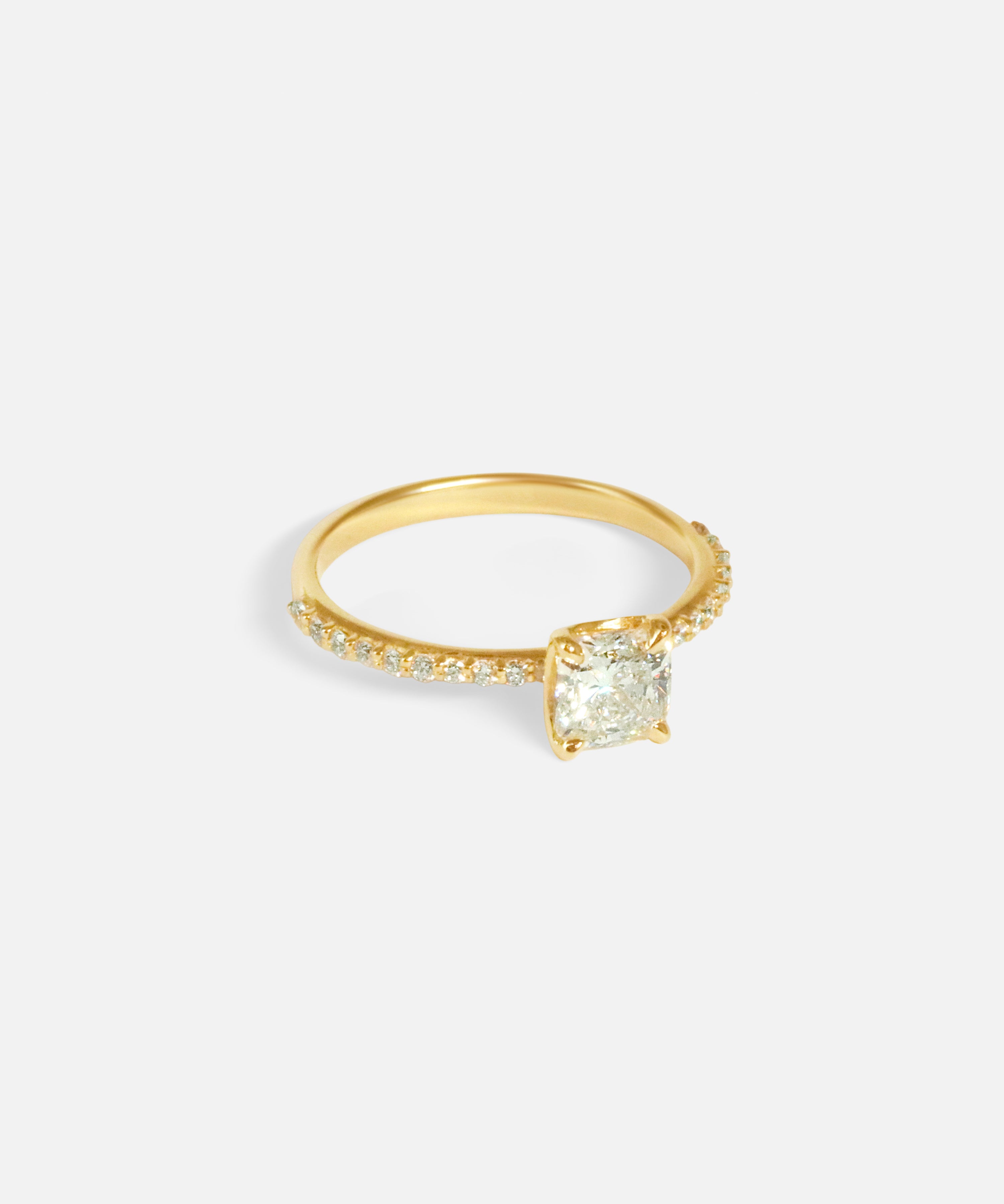 Angled side view of Lara / White Cushion + Pave Ring by Fitzgerald Jewelry