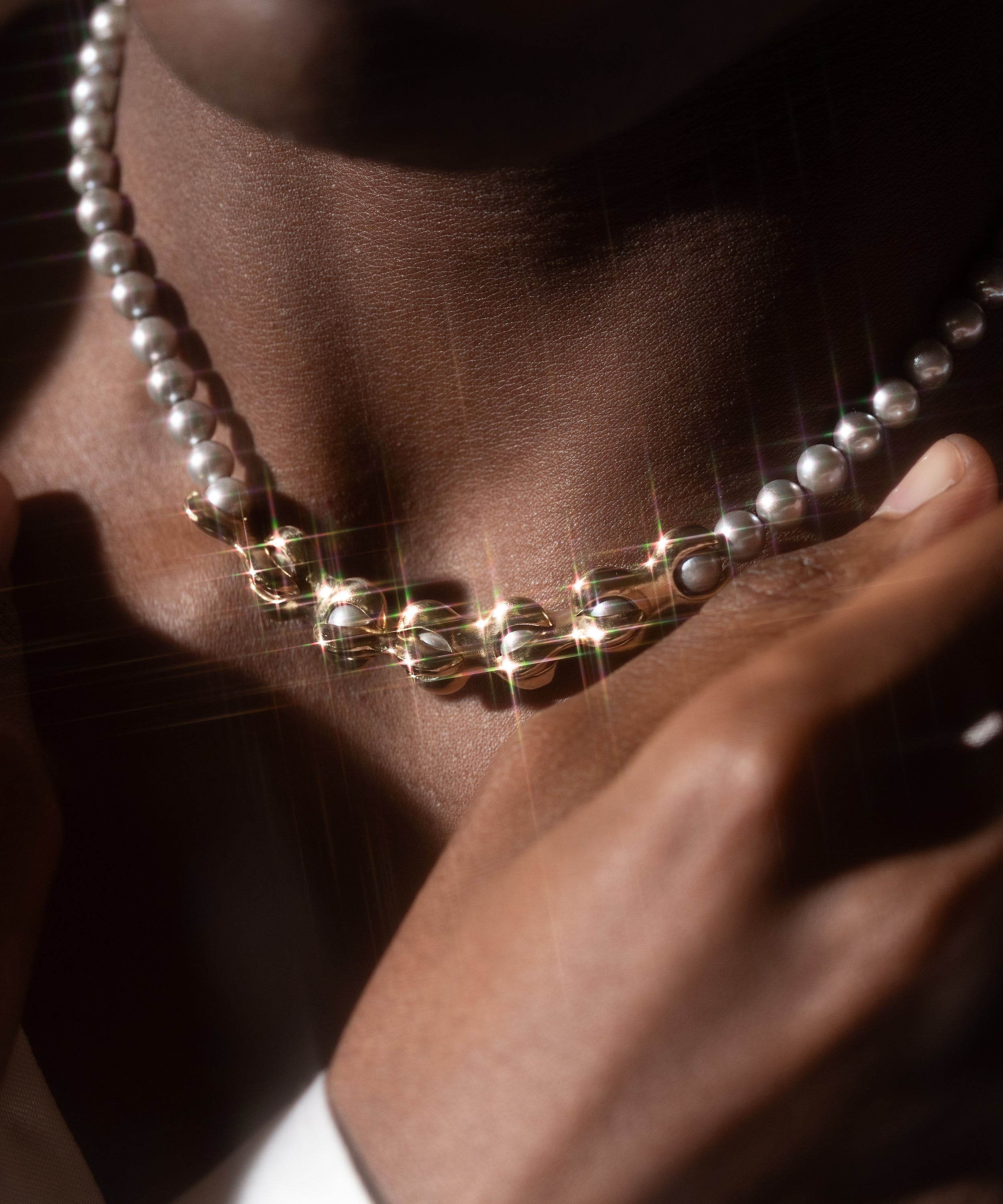 Model wears X Pearl Necklace / 6mm in 14k yellow gold By Lucia B Marti