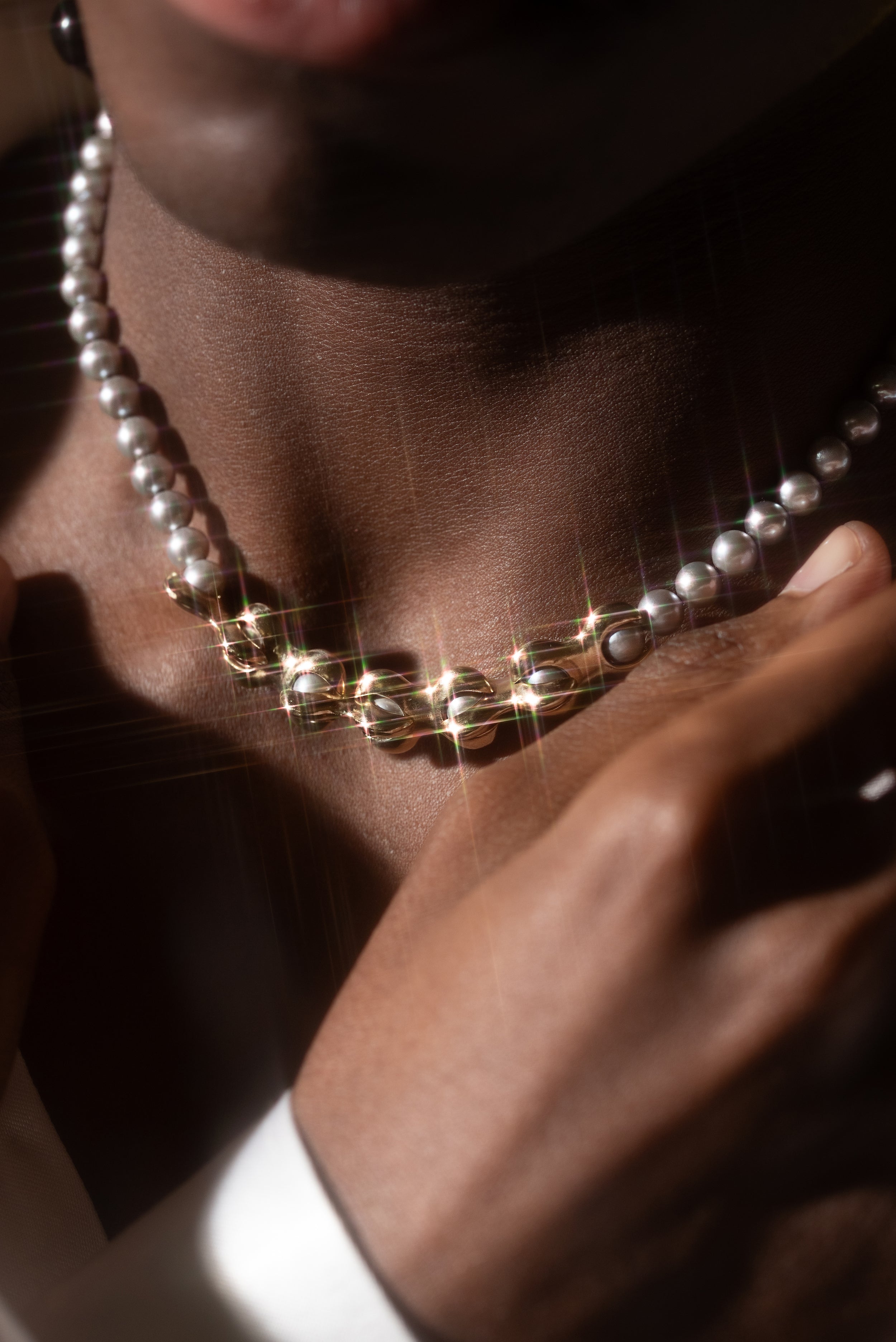 Model wears X Pearl Necklace / 6mm in 14k yellow gold By Lucia B Marti