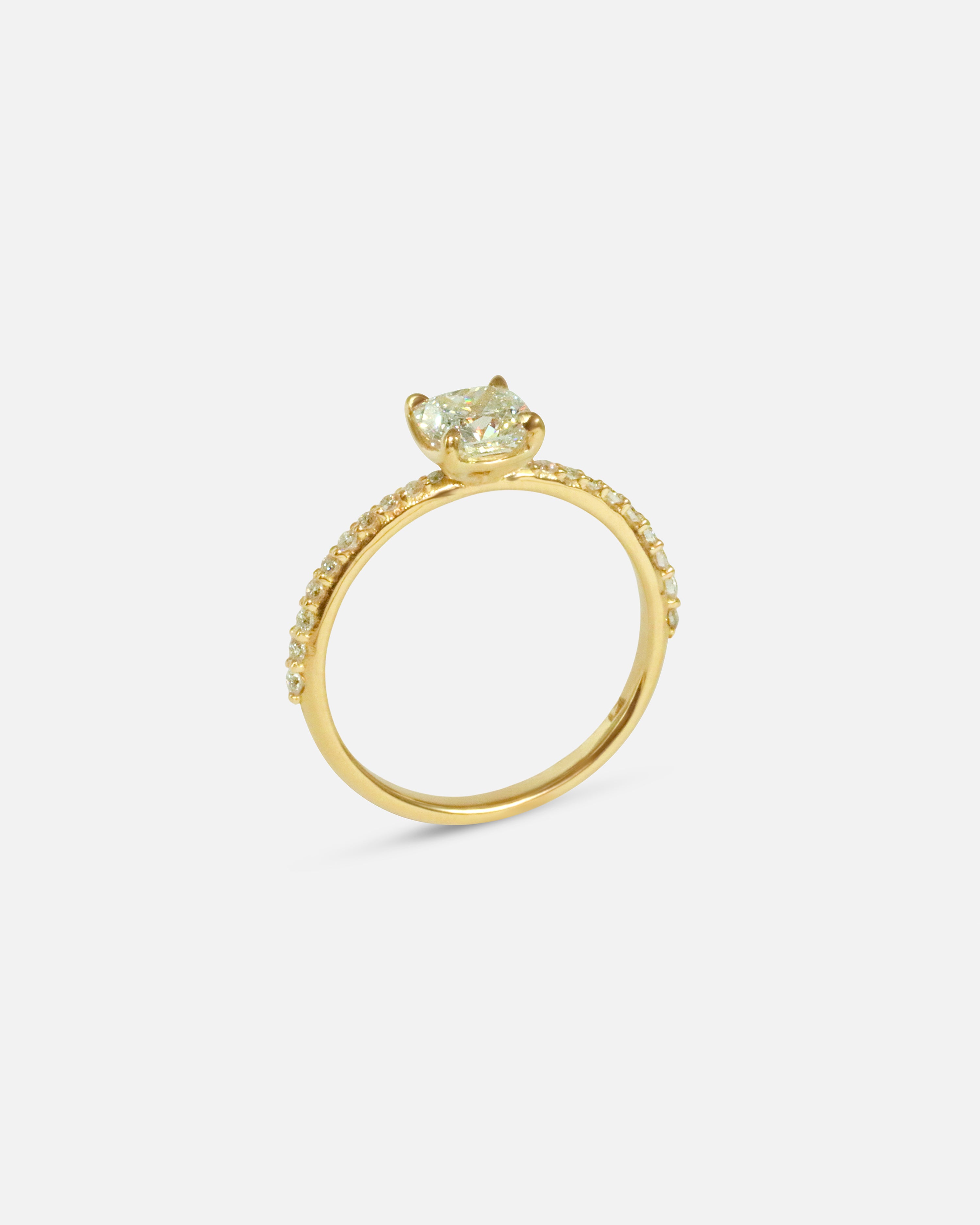 Angled side profile view of Lara / White Cushion + Pave Ring by Fitzgerald Jewelry