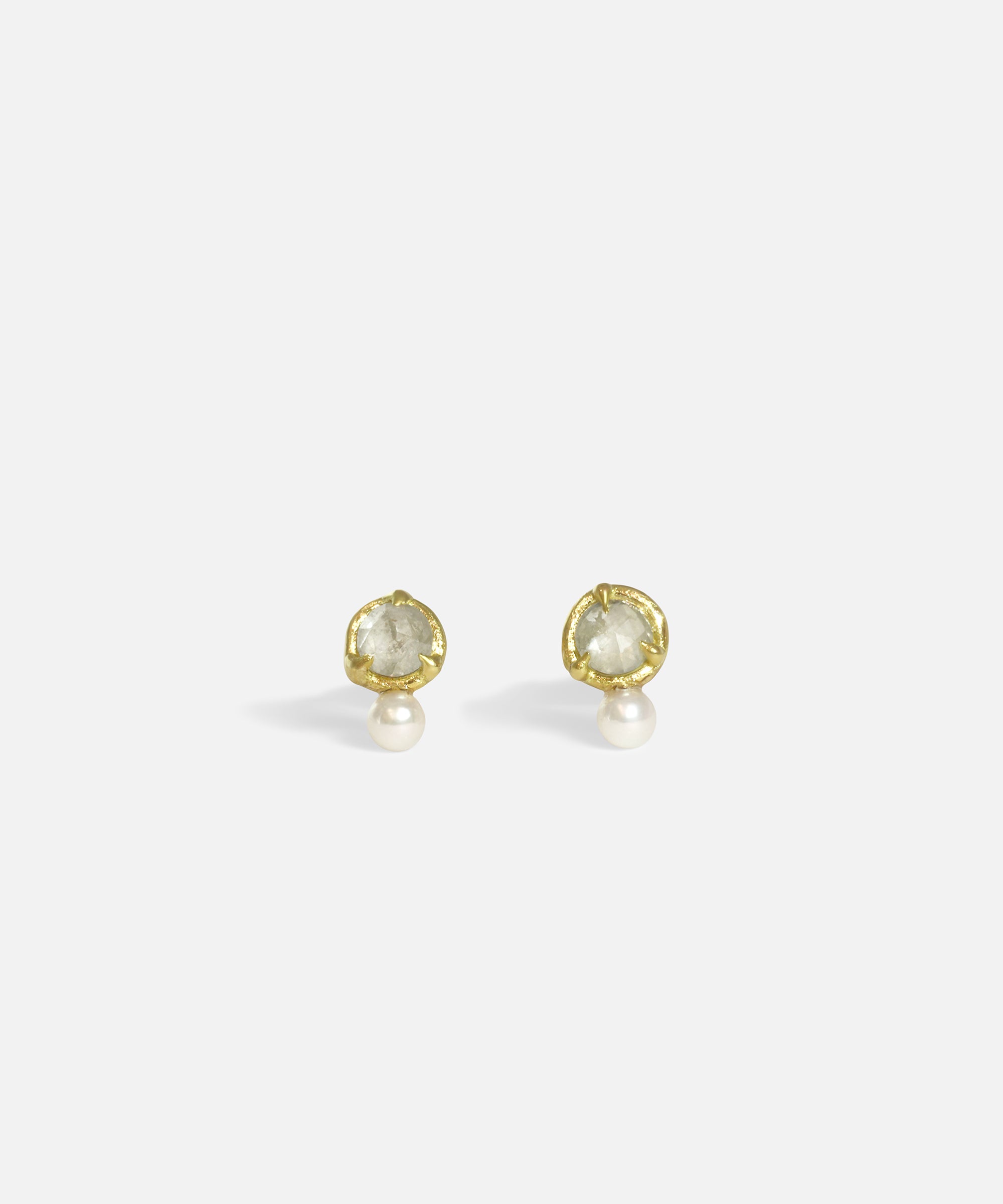 Front view of Dew 44 / Milky Diamond & Seed Pearl Earrings by Hiroyo