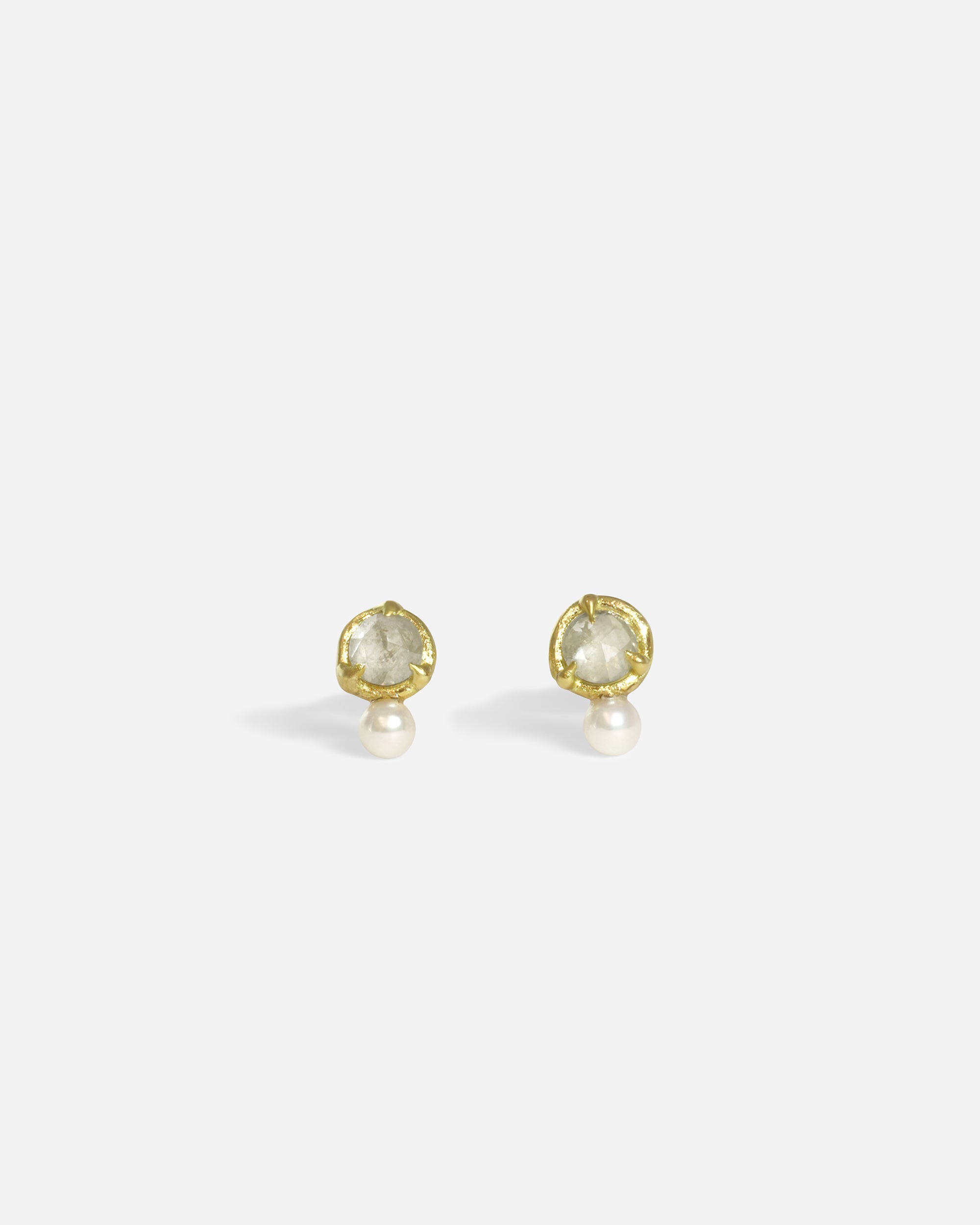 Front view of Dew 44 / Milky Diamond & Seed Pearl Earrings by Hiroyo