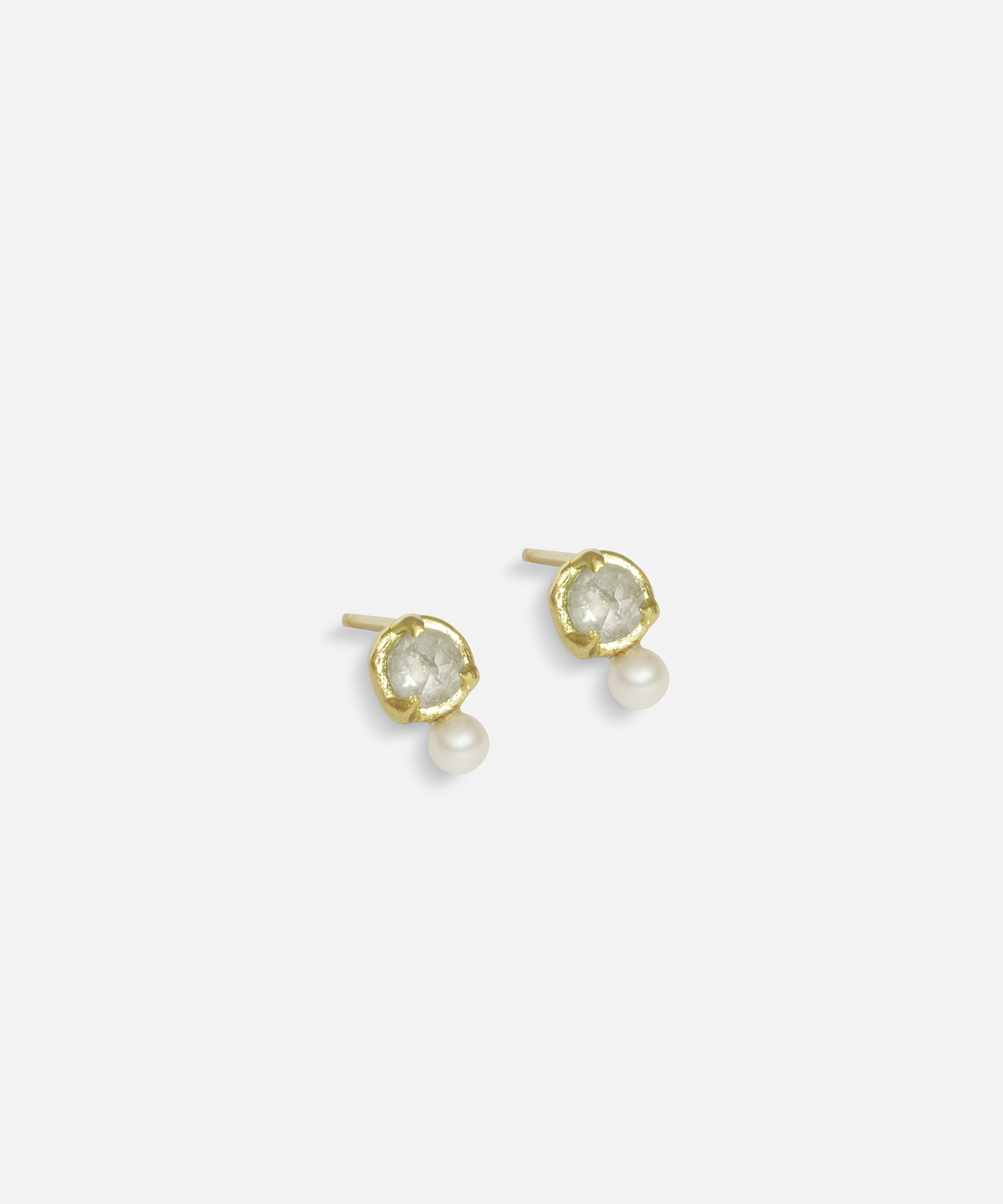Side view of Dew 44 / Milky Diamond & Seed Pearl Earrings by Hiroyo