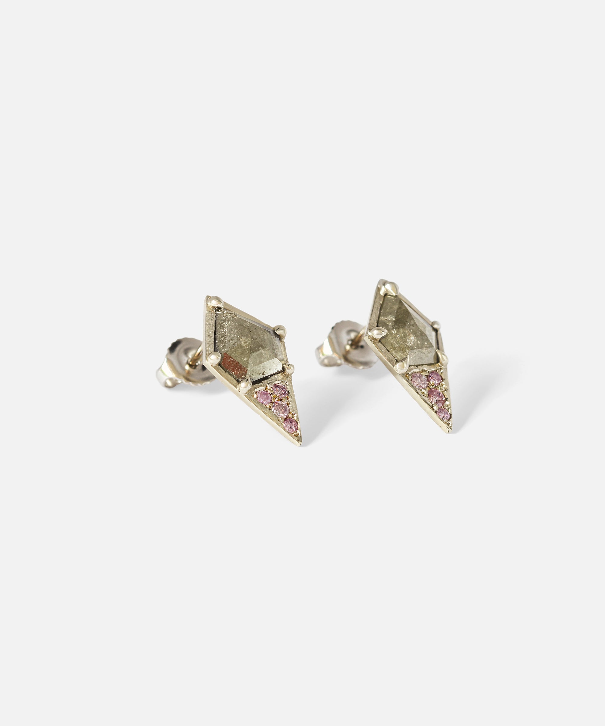 Angled side view of Dew 56 / Salt & Pepper and Pink Diamond Earrings by Hiroyo