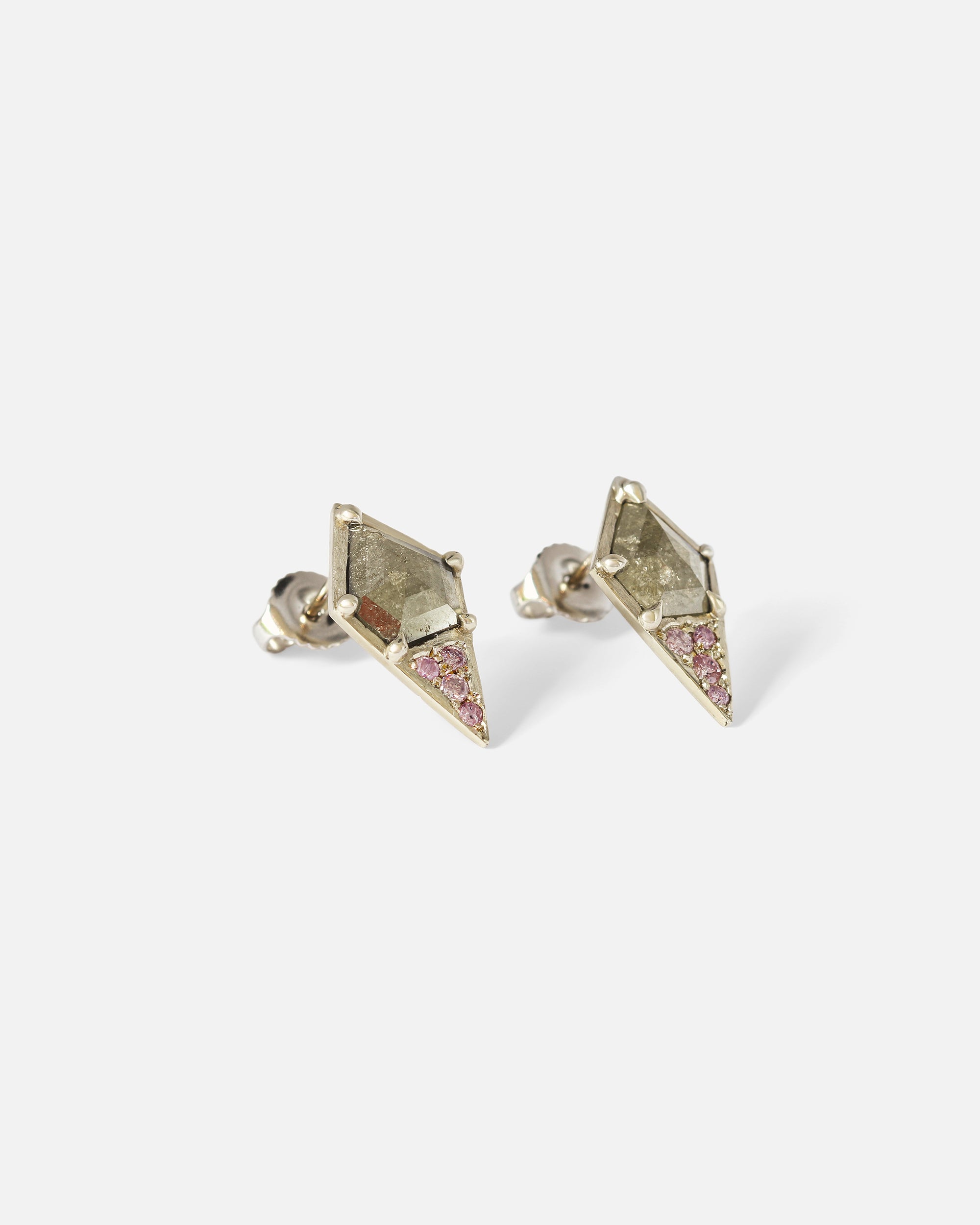 Angled side view of Dew 56 / Salt & Pepper and Pink Diamond Earrings by Hiroyo