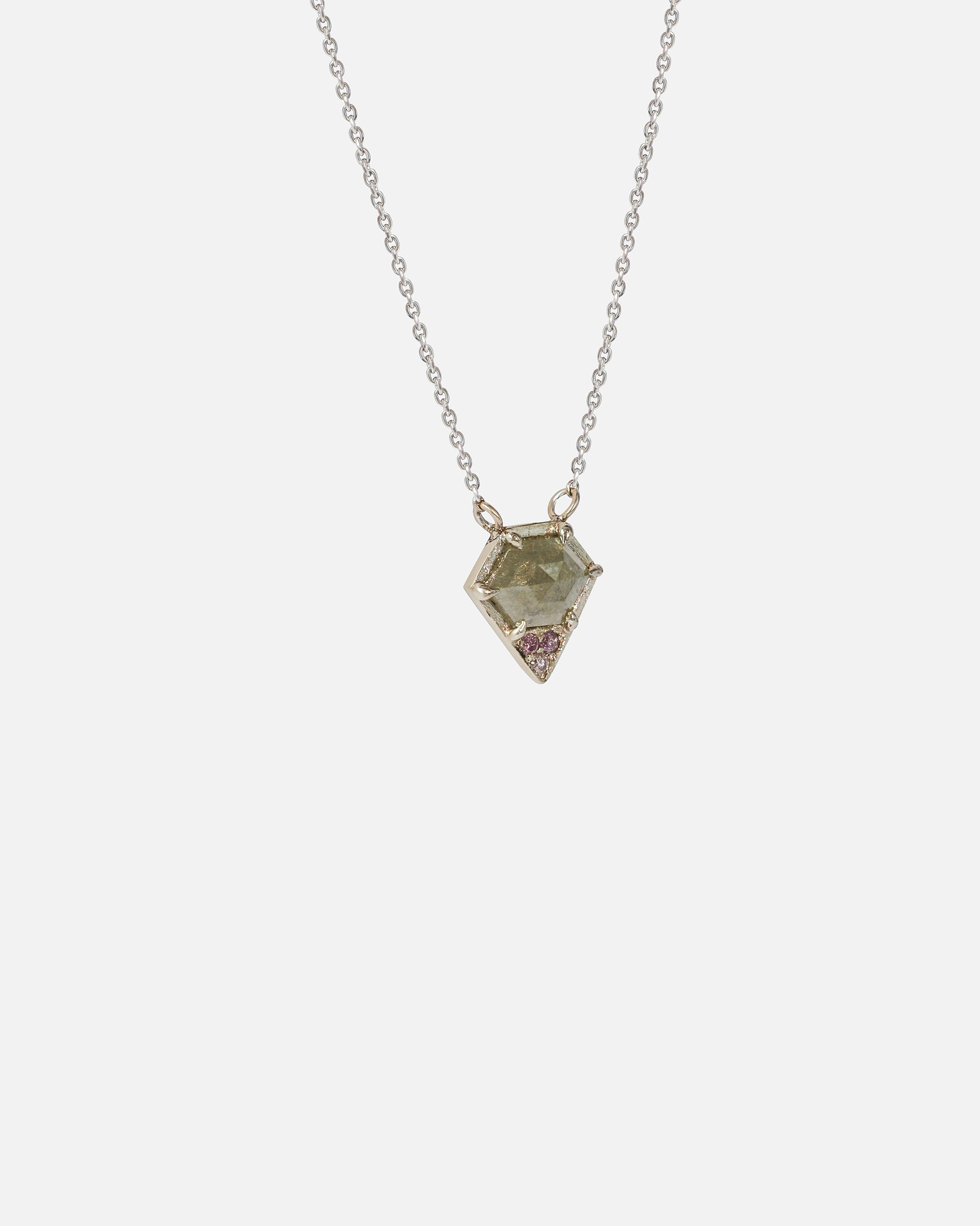 Angled view of Dew 57 / Milky and Pink Diamond Pendant by Hiroyo