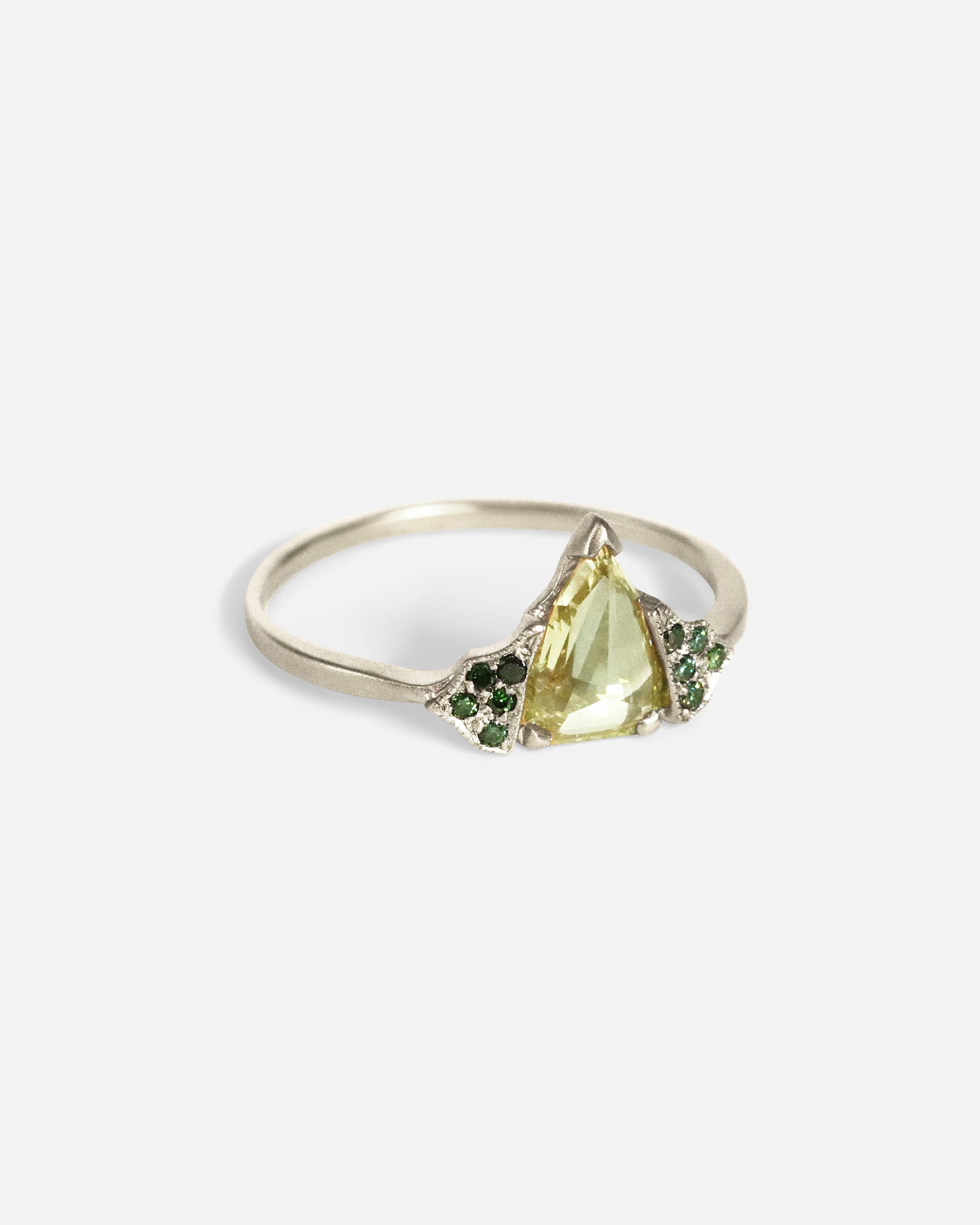Side view of Kadiga / Champagne & Green Diamond Ring by Hiroyo