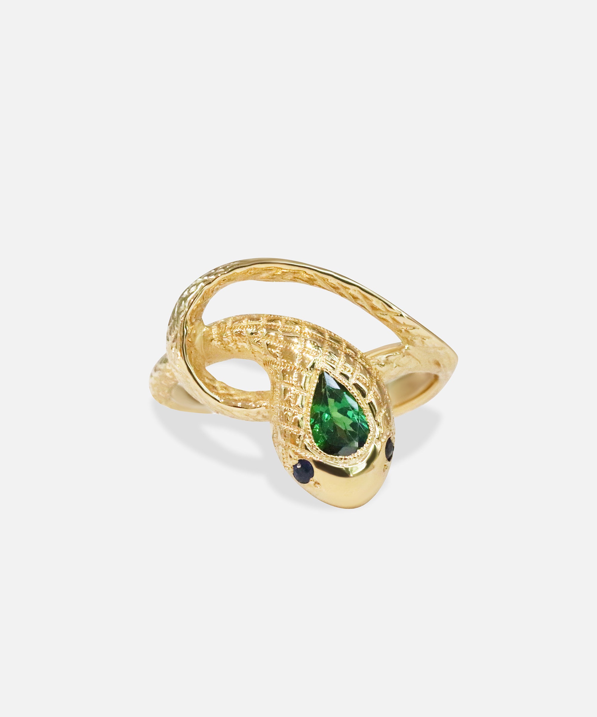 Front view of Ornata Ophidia Pear Ring / Tsavorite & Sapphire
