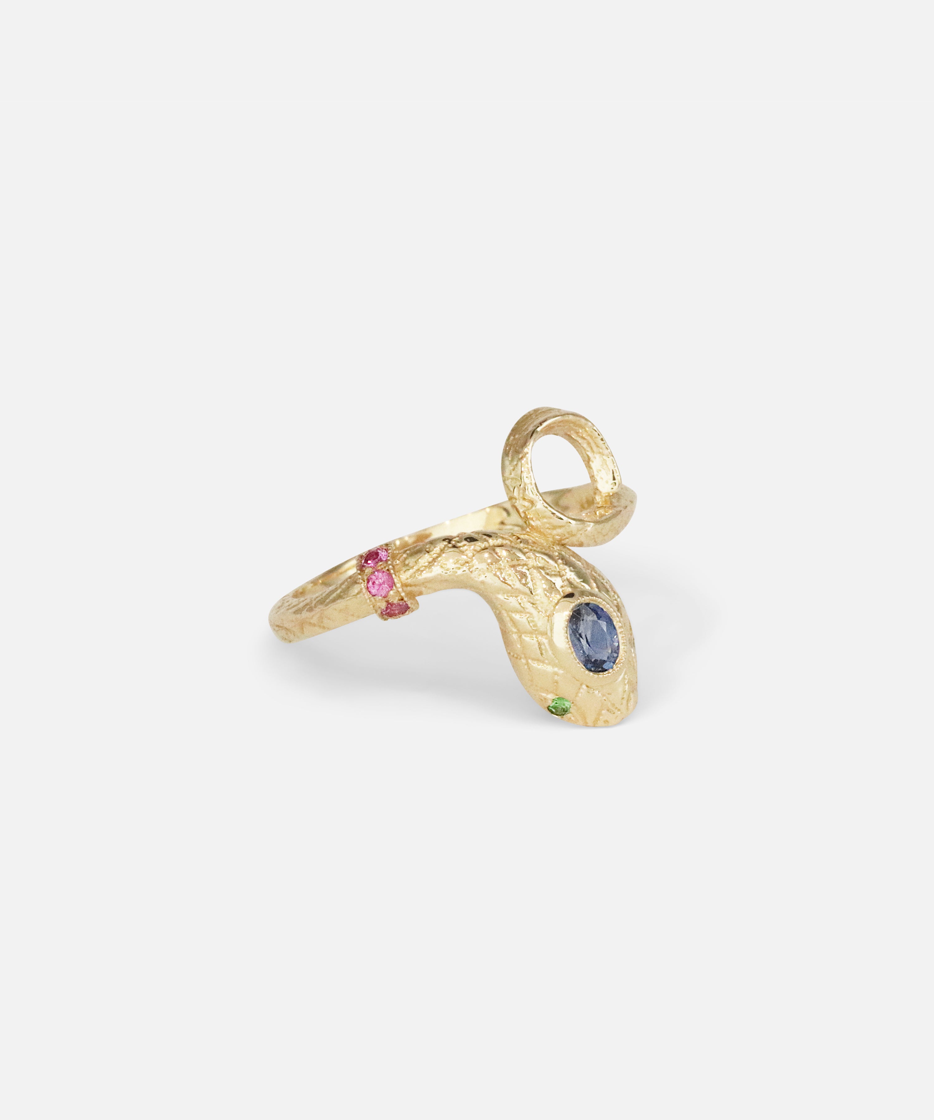 Angled side view of Ornata Ophidia Ruby Collar Ring / Blue Sapphire by Ides