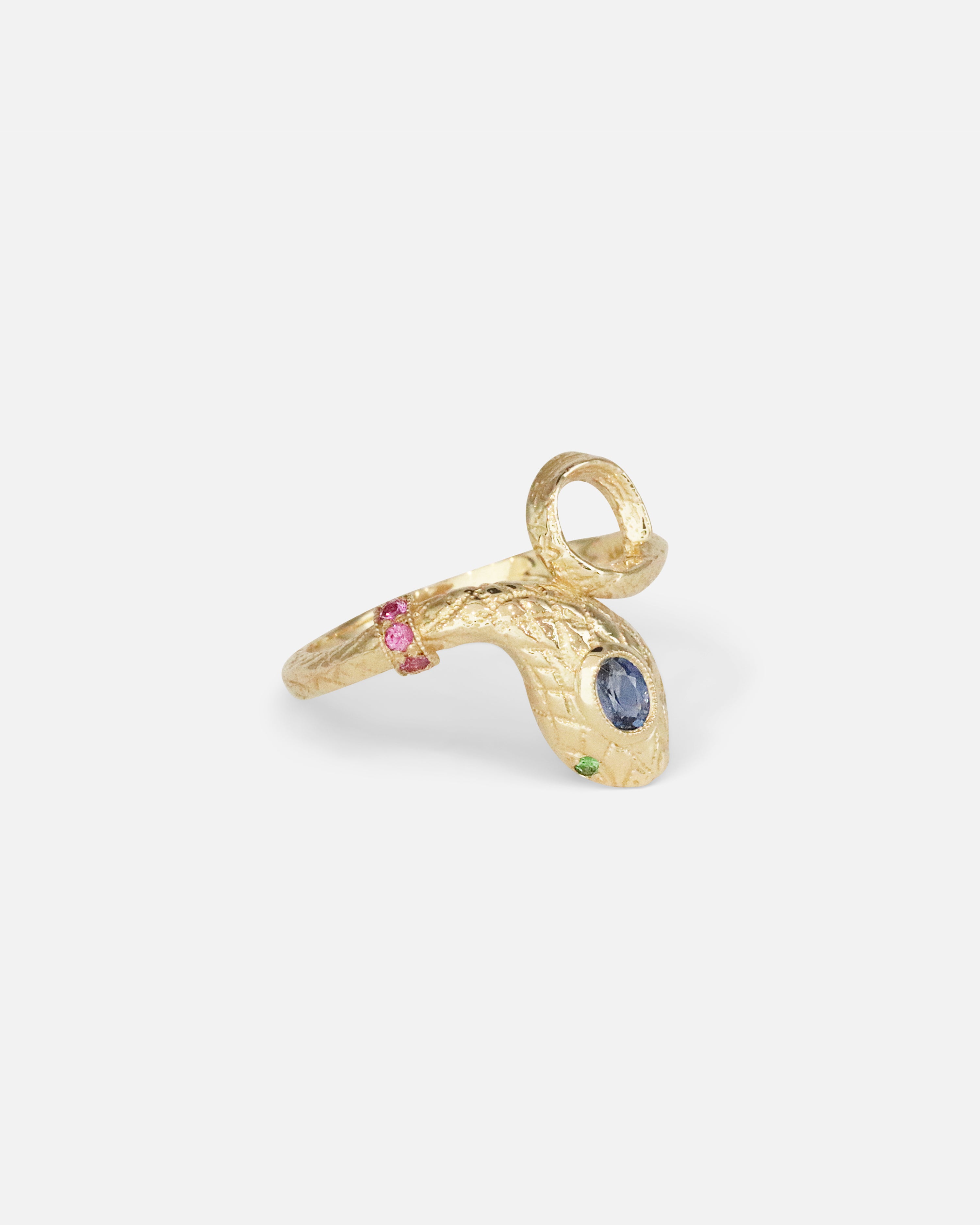 Angled side view of Ornata Ophidia Ruby Collar Ring / Blue Sapphire by Ides