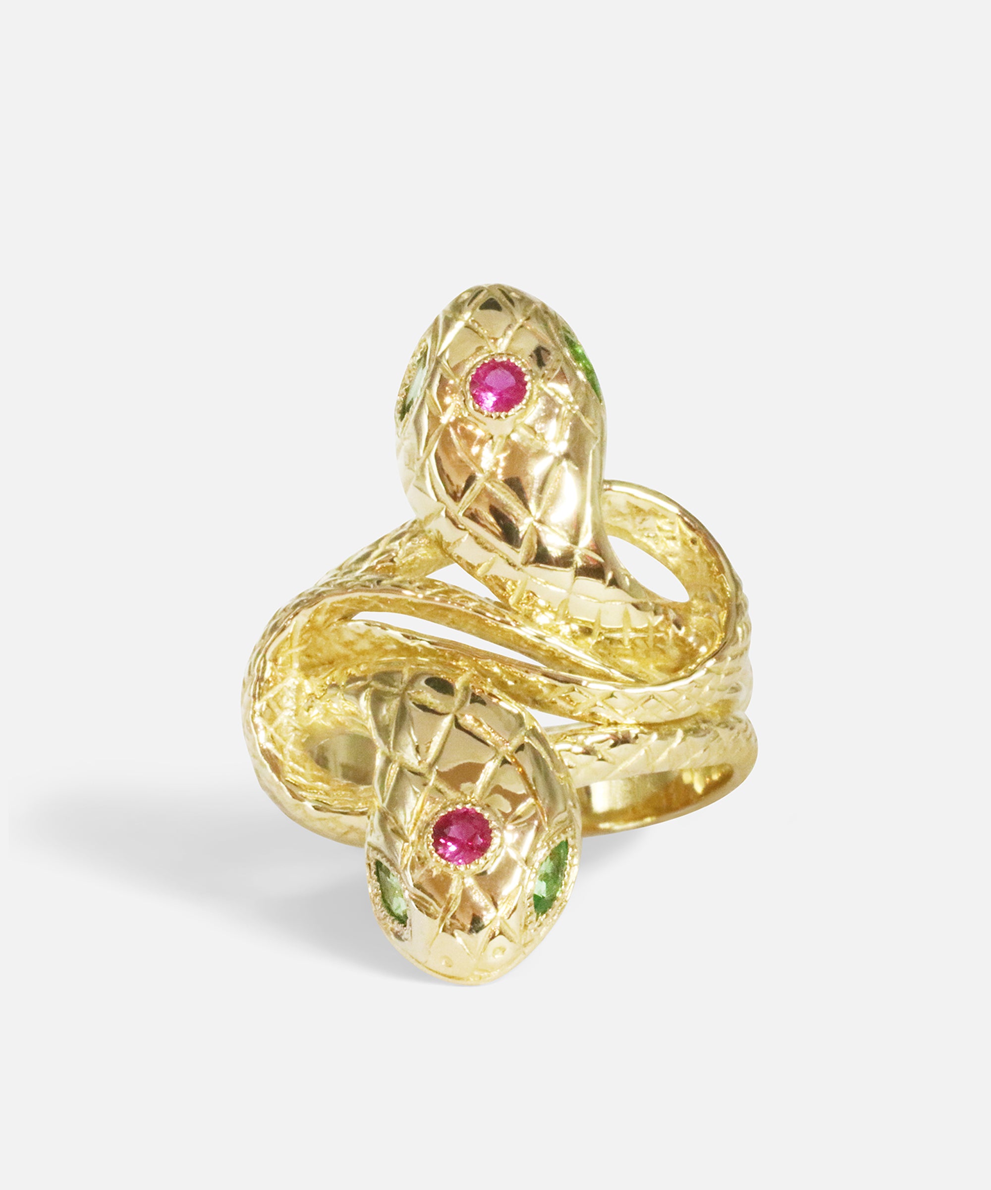 Close front view of Duo Ophidia Sapphire Ring in 14k yellow gold by Ides