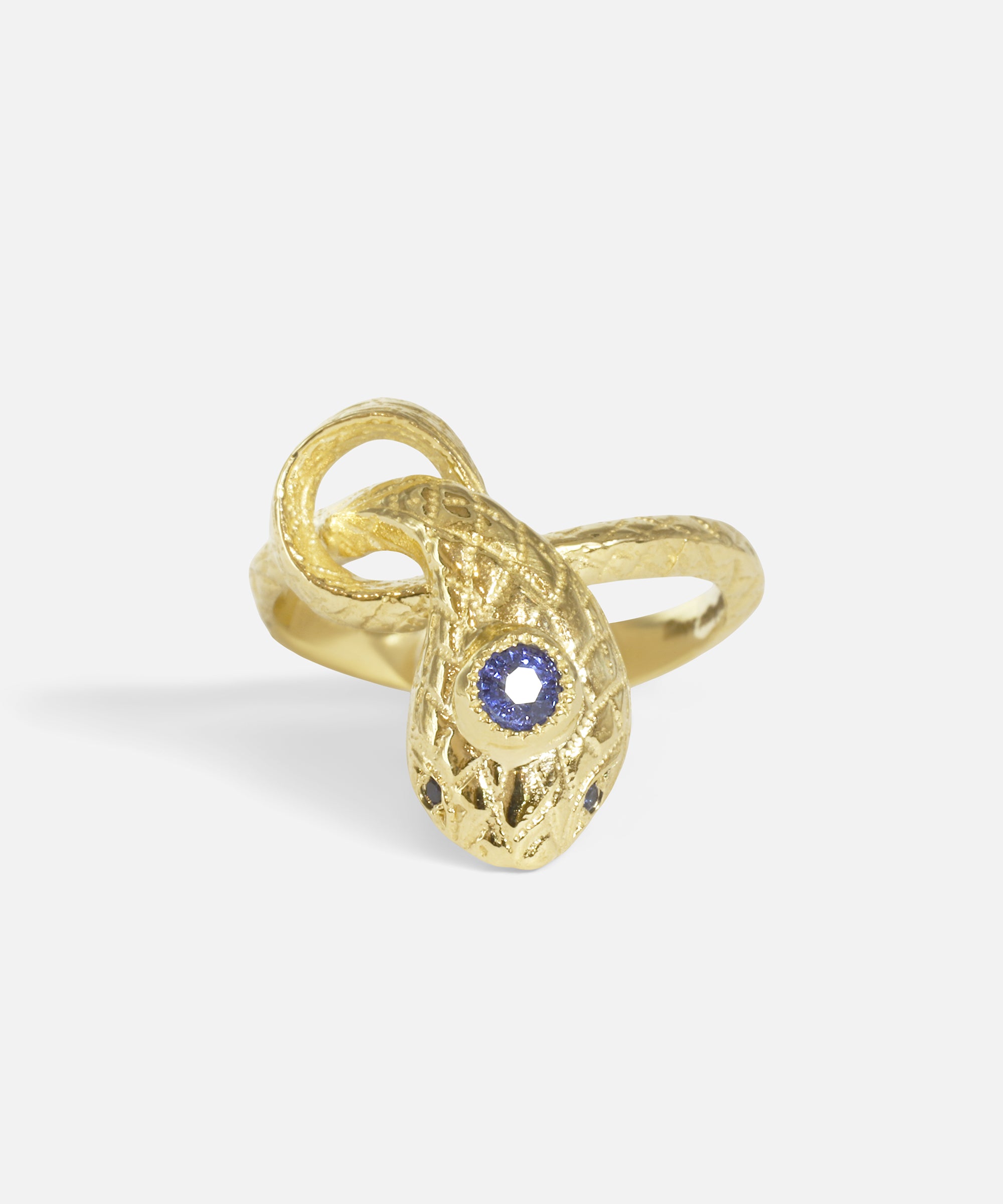 Front view of Ornata Ophidia Mini Stacking Ring / Blue Sapphire by Ides