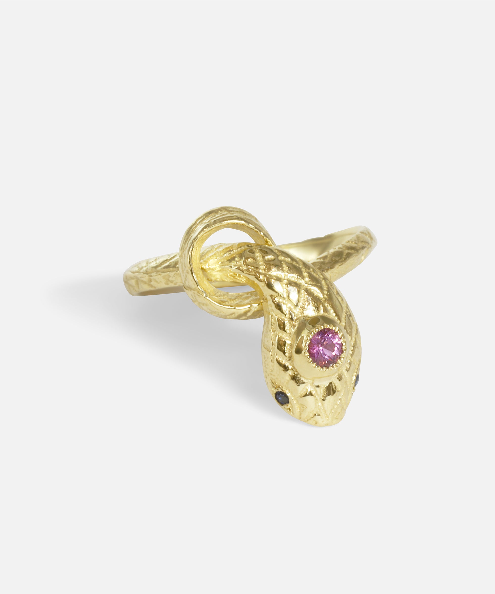 Side view of Ornata Ophidia Mini Stacking Ring / Pink Sapphire by Ides