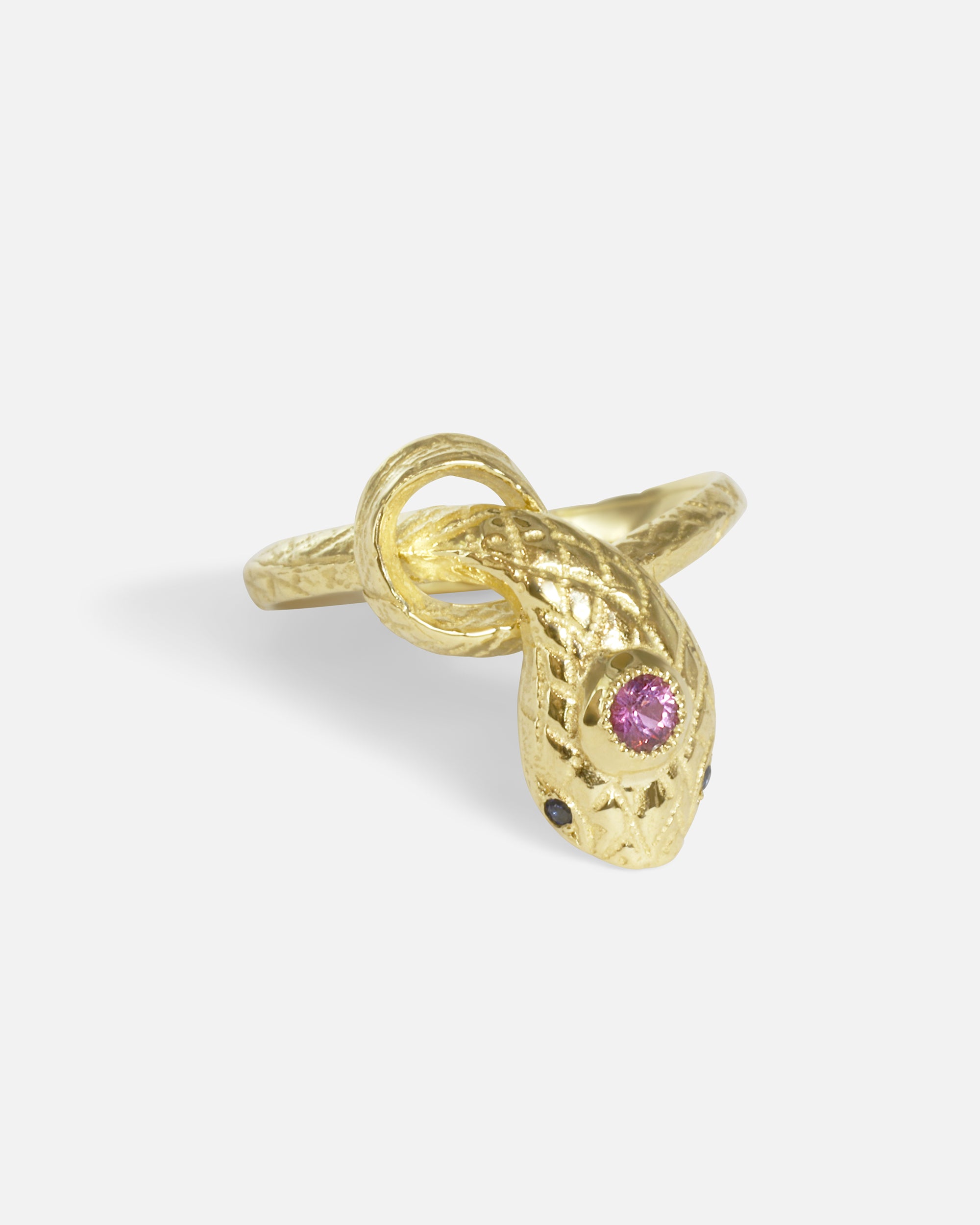 Side view of Ornata Ophidia Mini Stacking Ring / Pink Sapphire by Ides