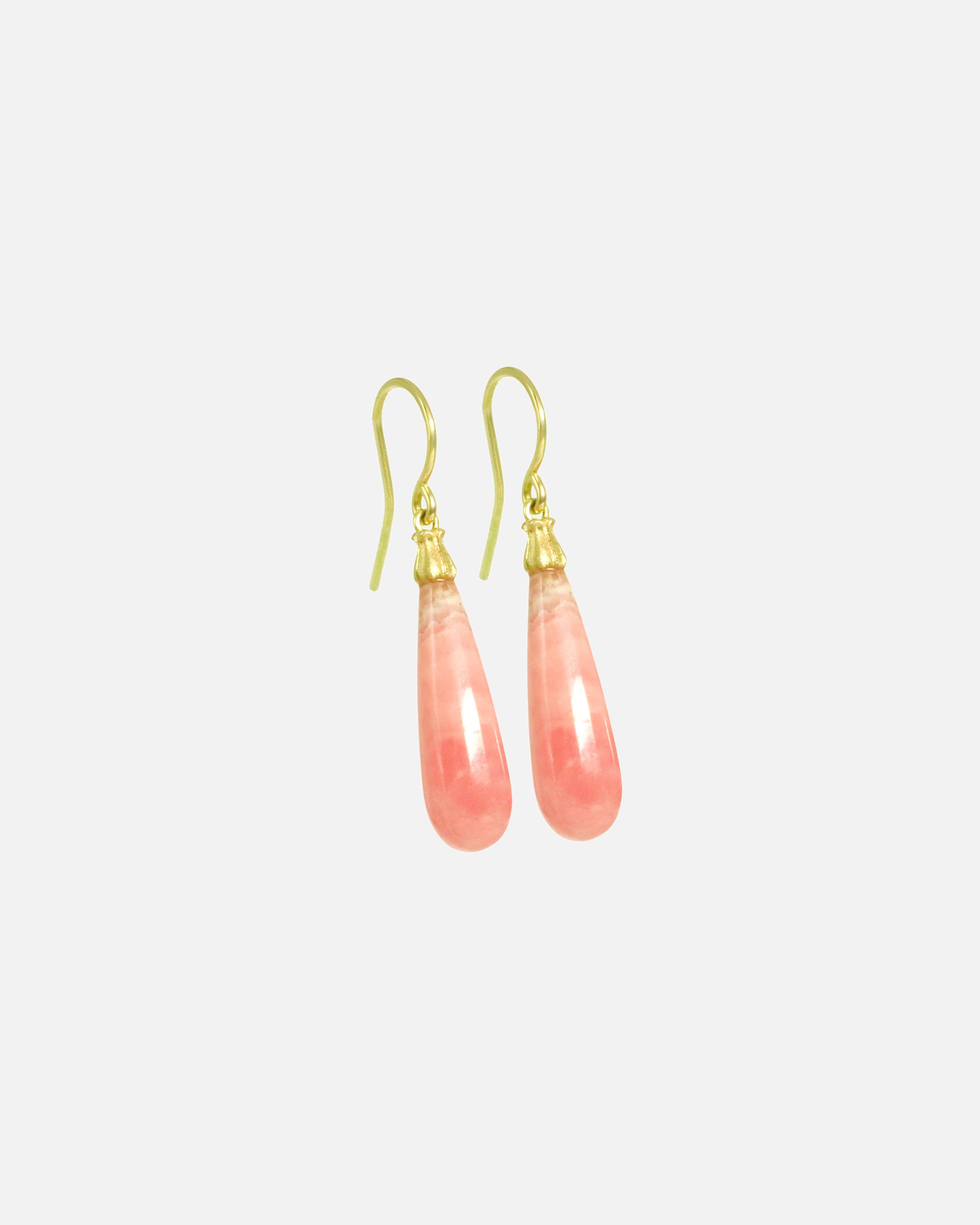 Side view of Little Mirror Bead Drops / Pink Rhodochrosite by O Channell Designs