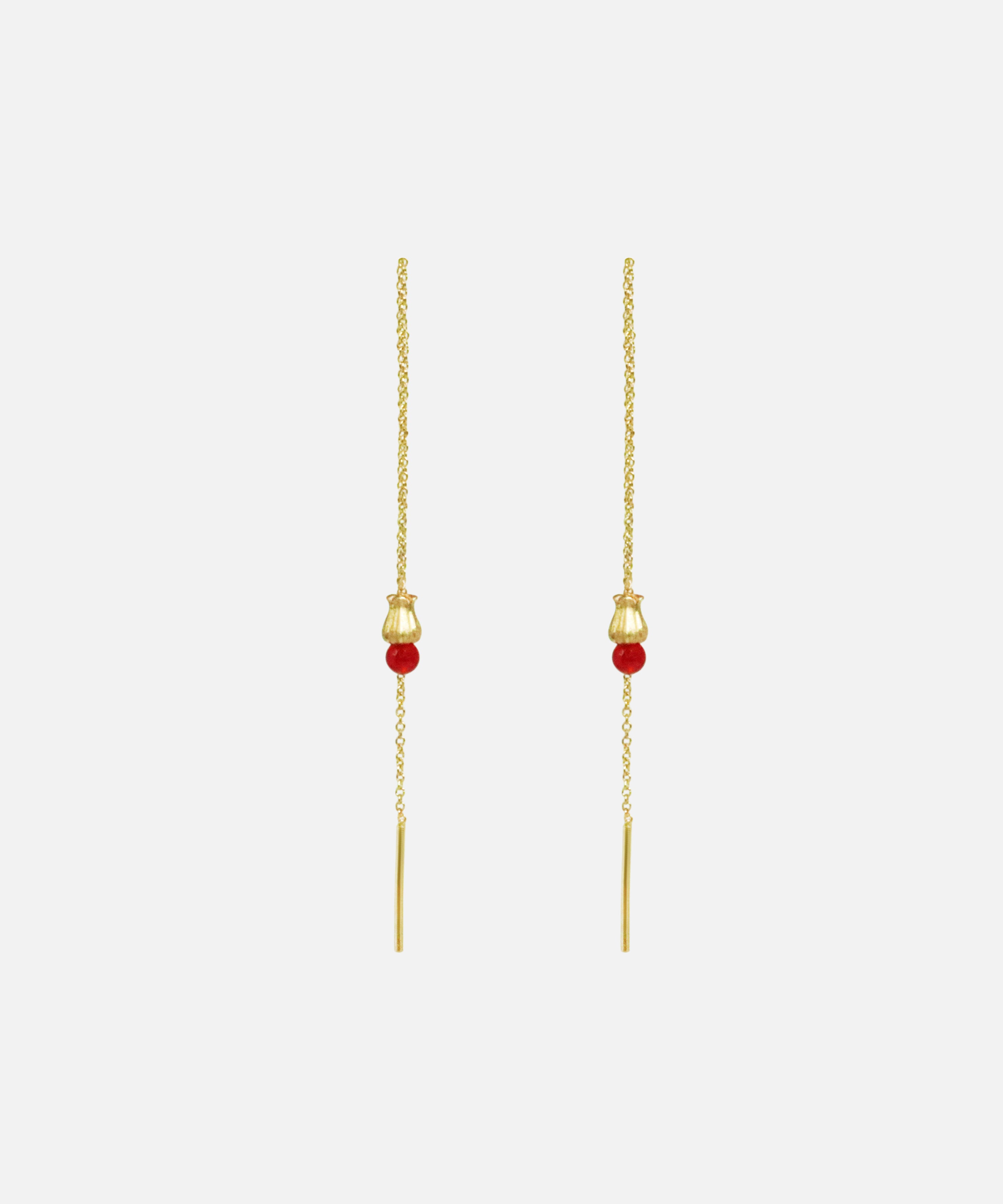 Front view of Little Mirror Bead Threader Earrings / Red Carnelian by O Channell Designs
